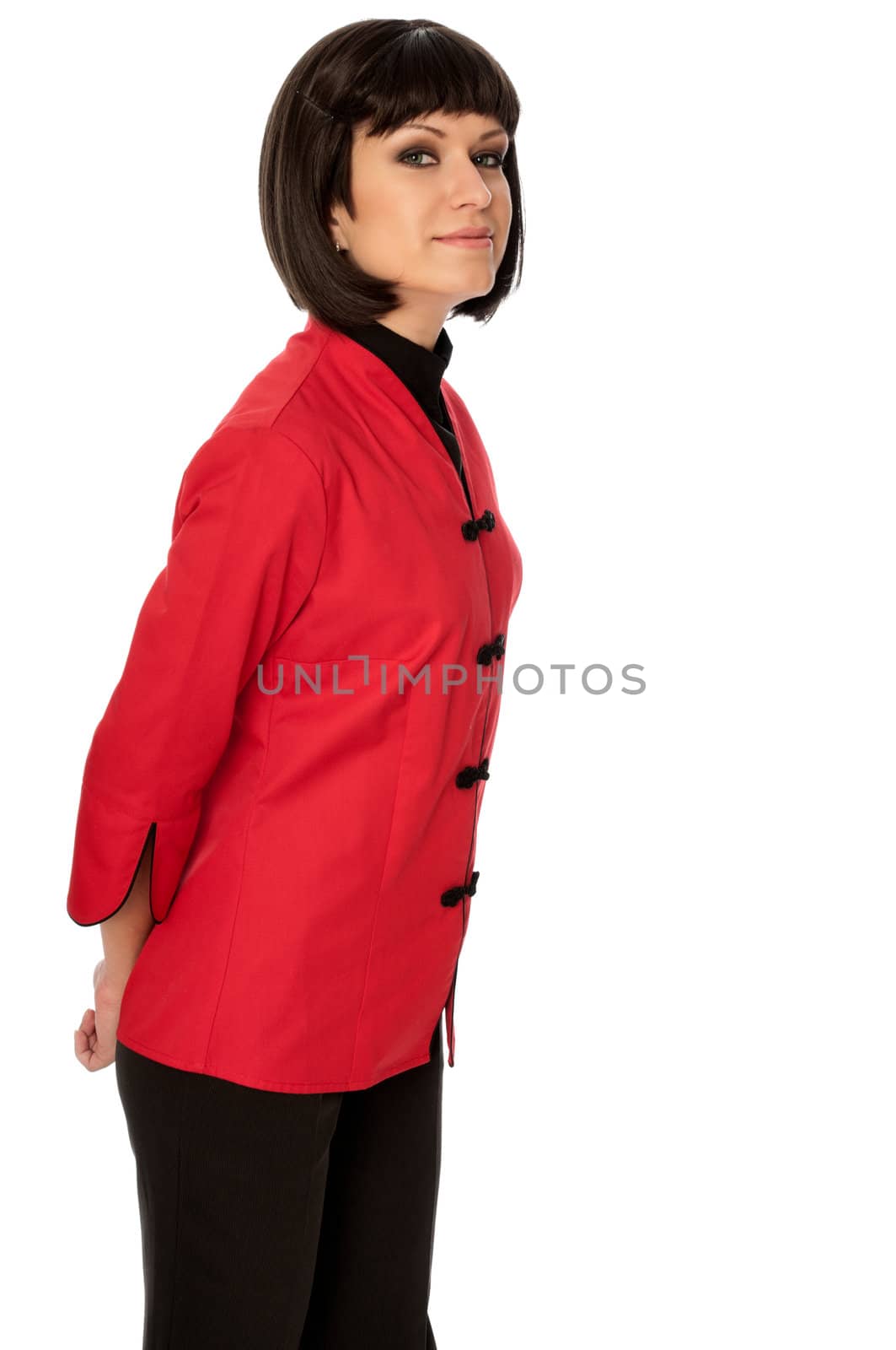 woman in Chinese dress at high fashion week in Paris