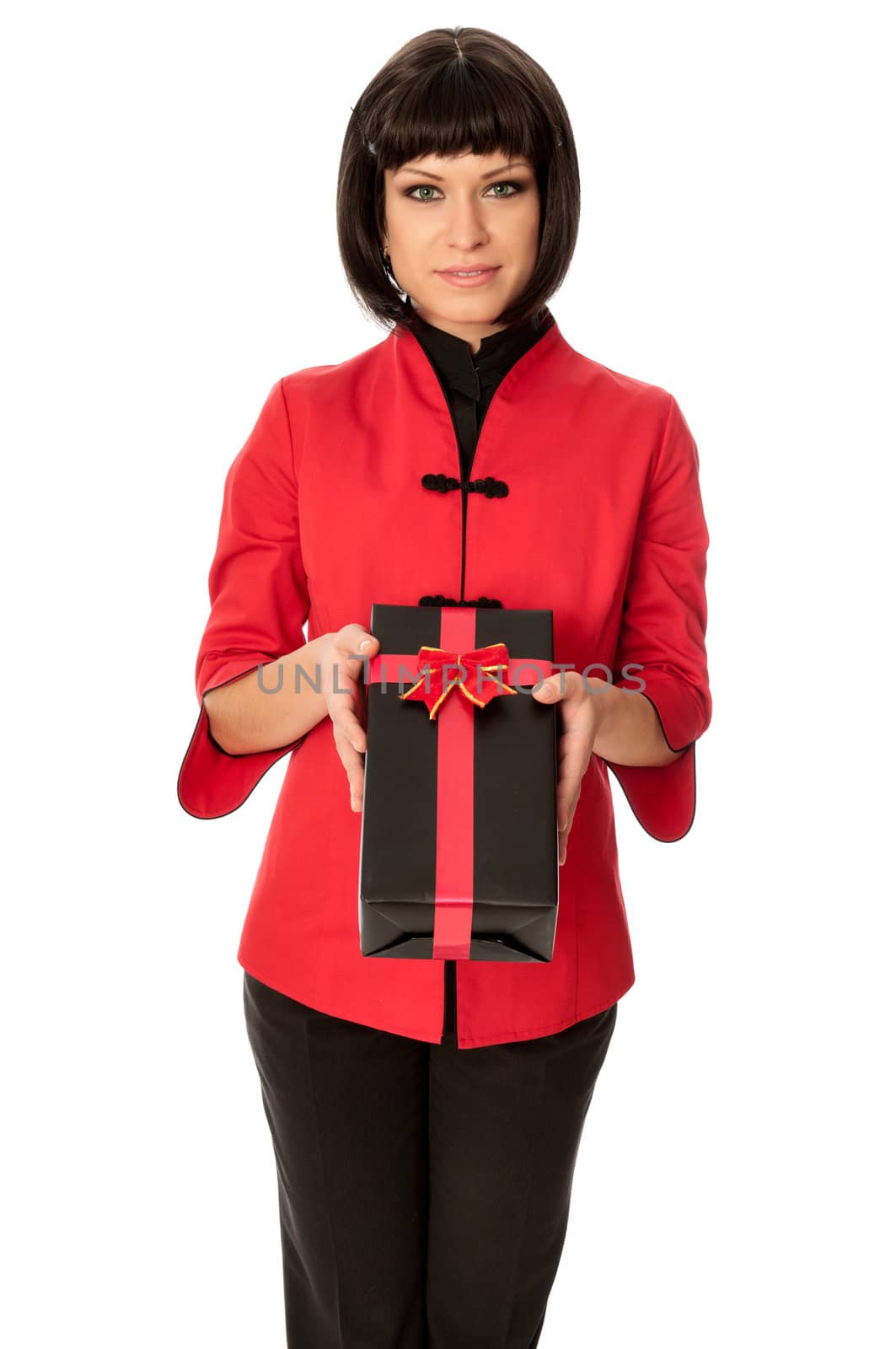 woman giving a black box with red bow as a gift