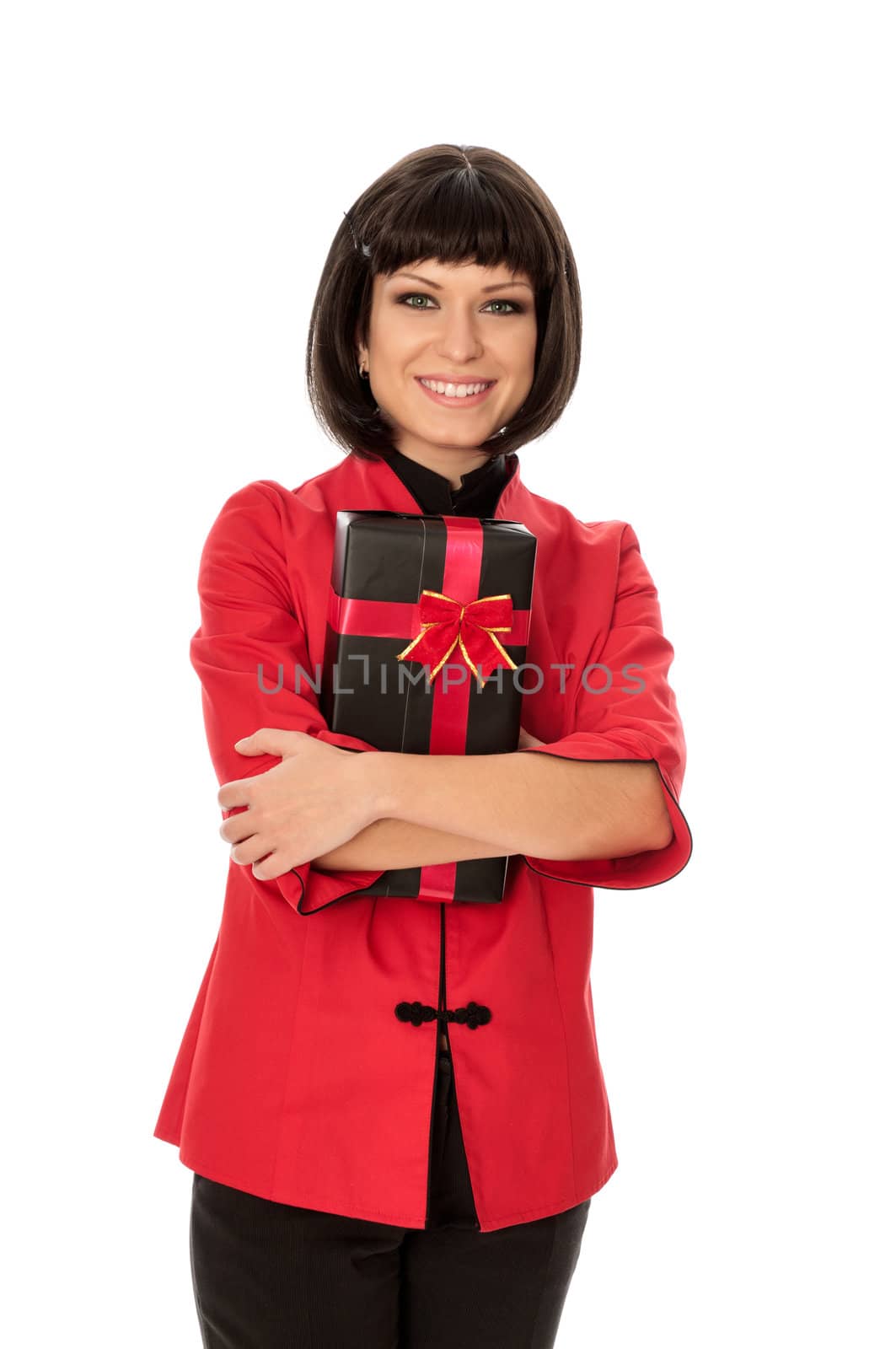 woman holding a black box with red bow as a gift