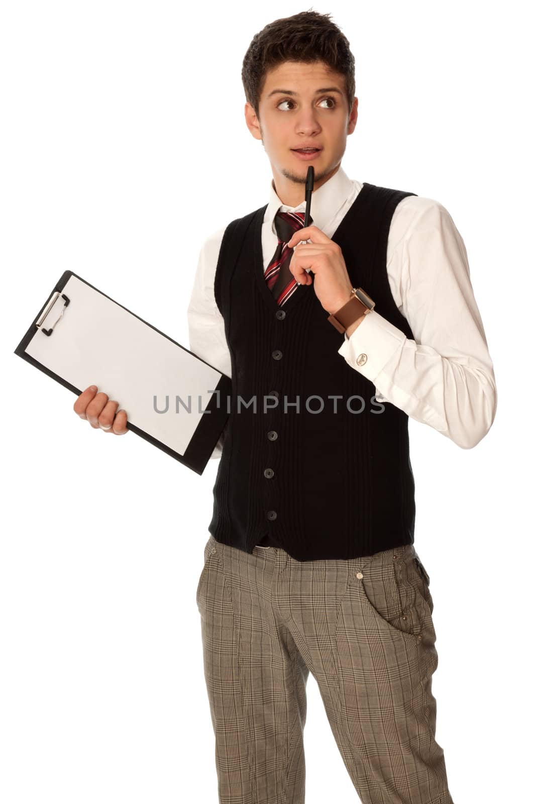 The manager with white blank paper think about new innovative idea