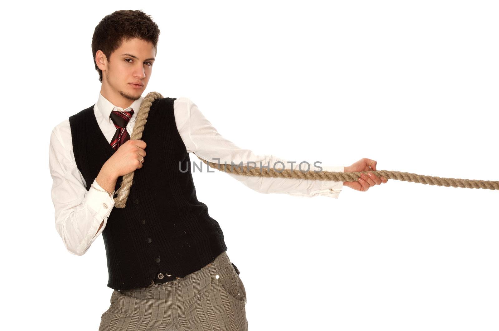 strong-willed man pulling of a rope and wins as a symbol of business success