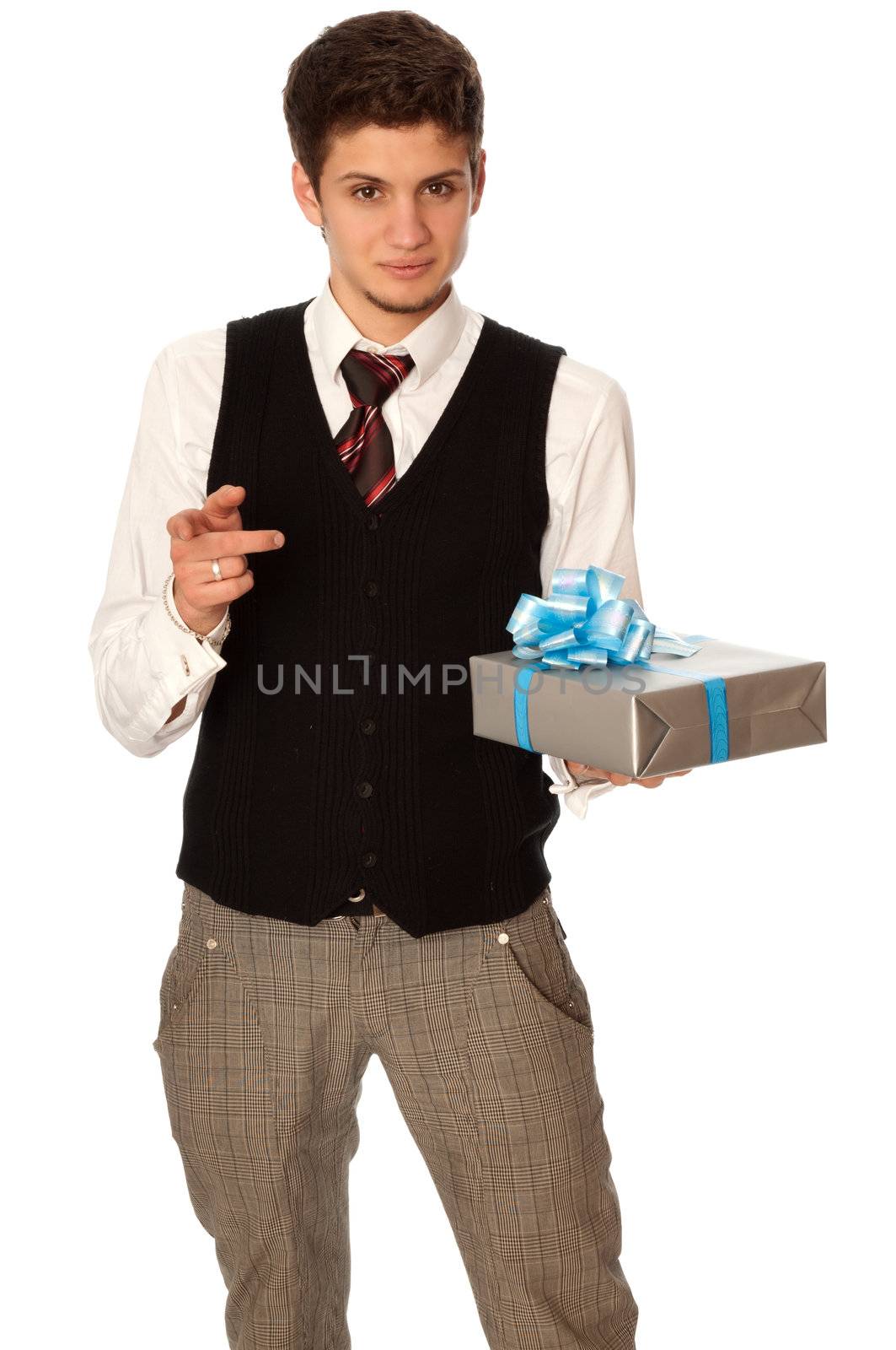 man holding in the hands the gray box with blue ribbon as a gift