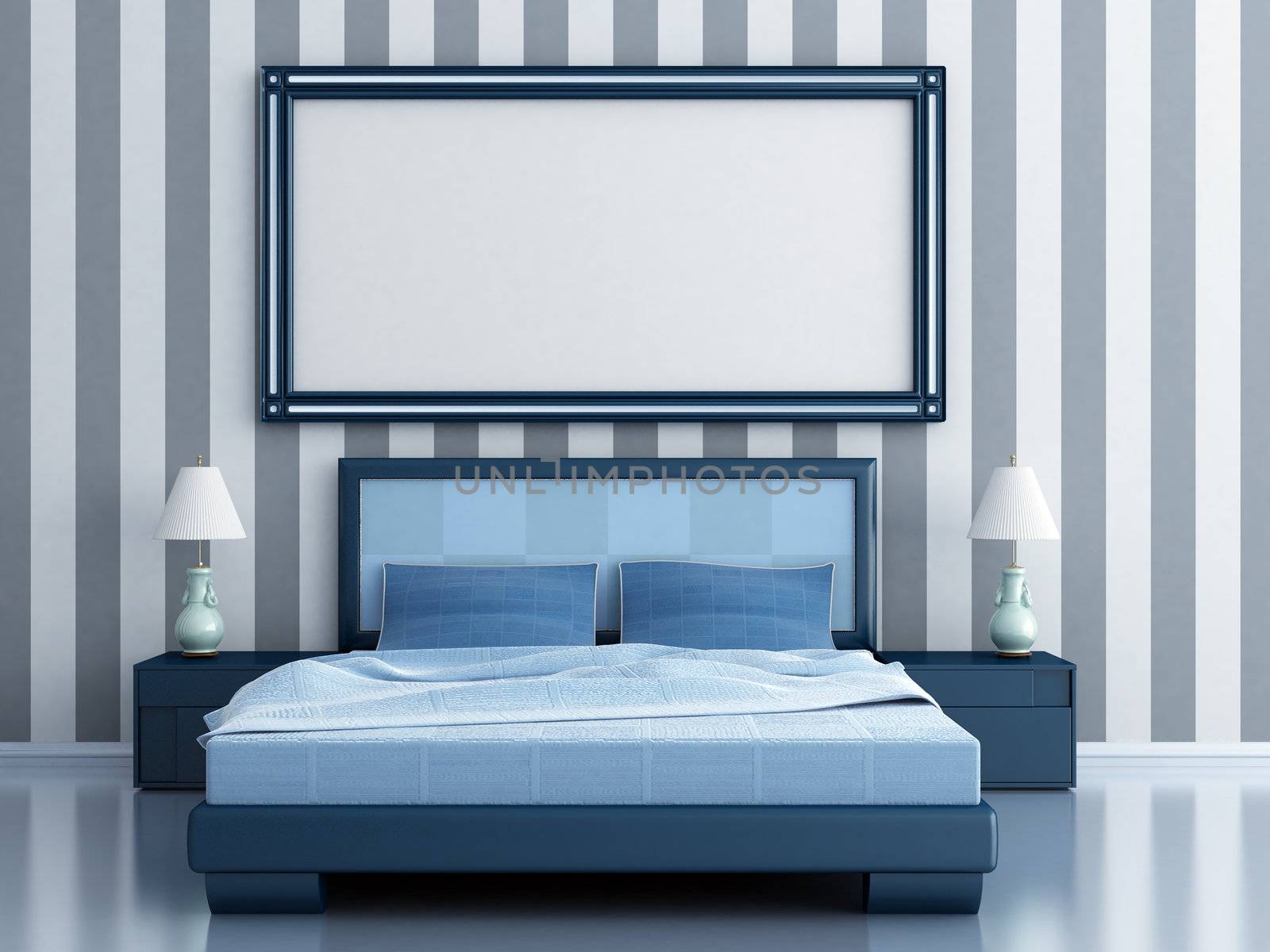 bedroom with a bed and bedside tables in blue tones
