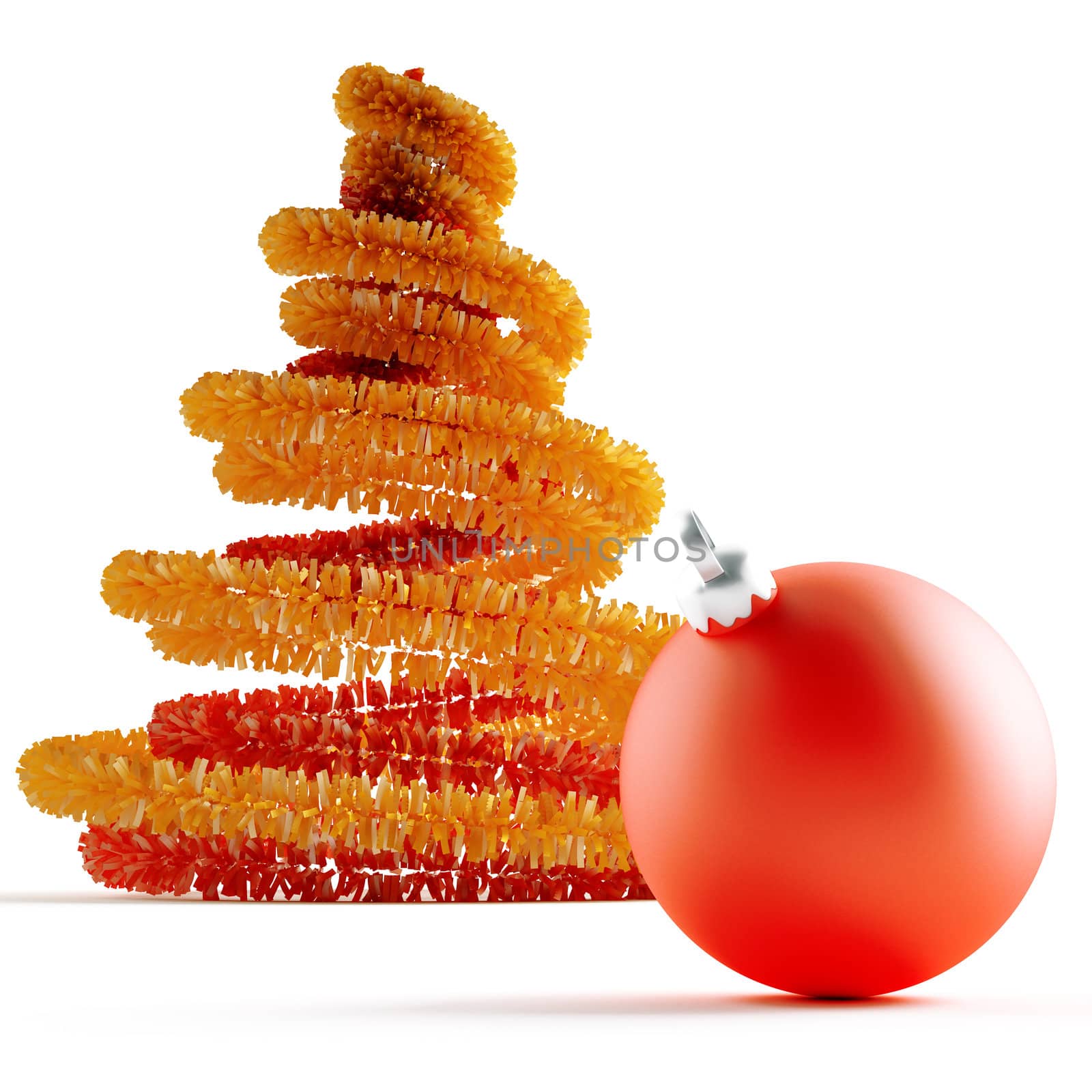 Christmas tree and decorative red ball on white background