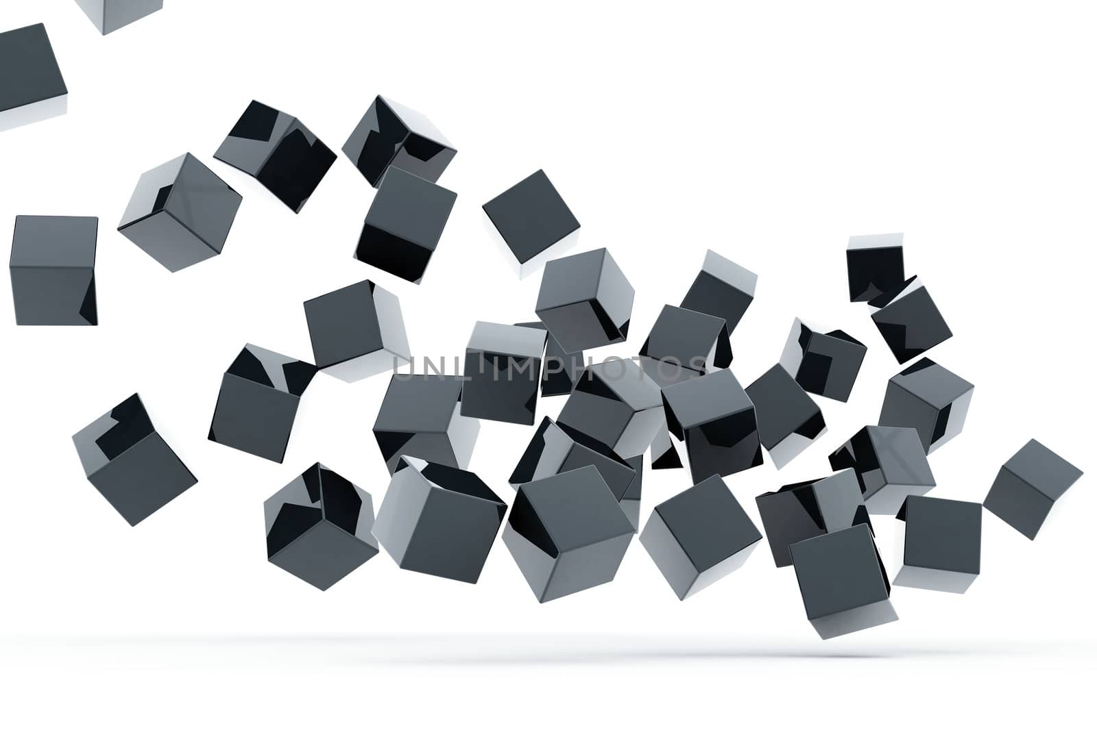 Falling and hitting gray metallic cubes on a white background