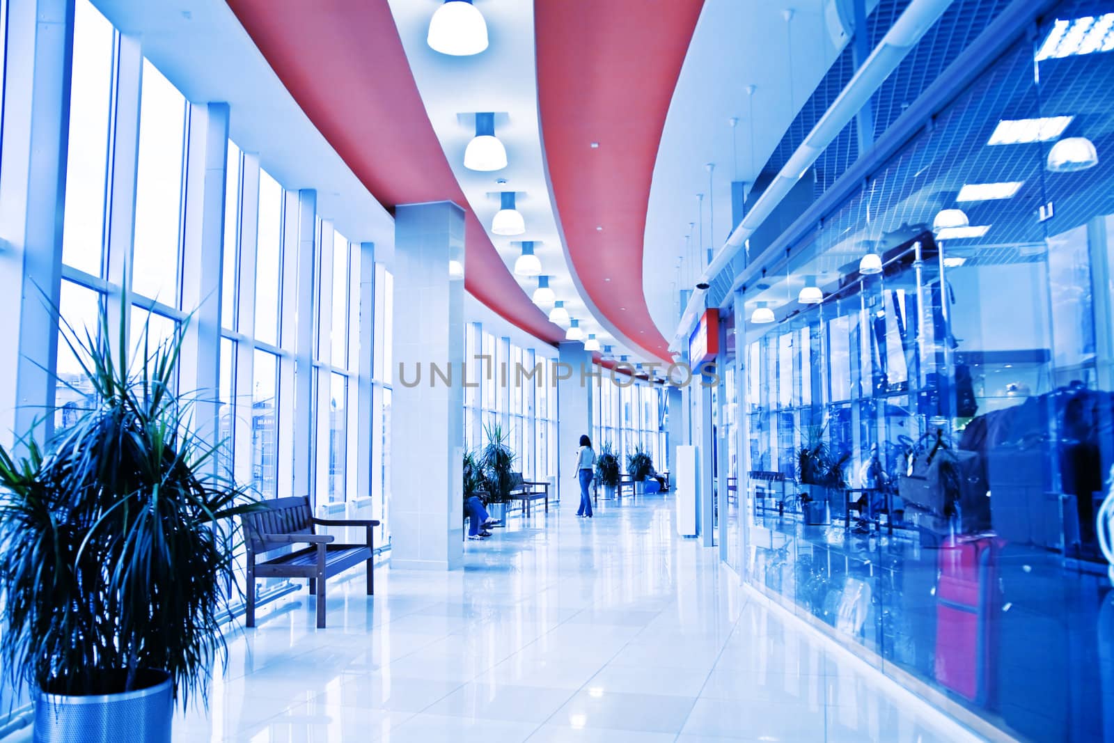 Interior of a modern building with the big windows and turn