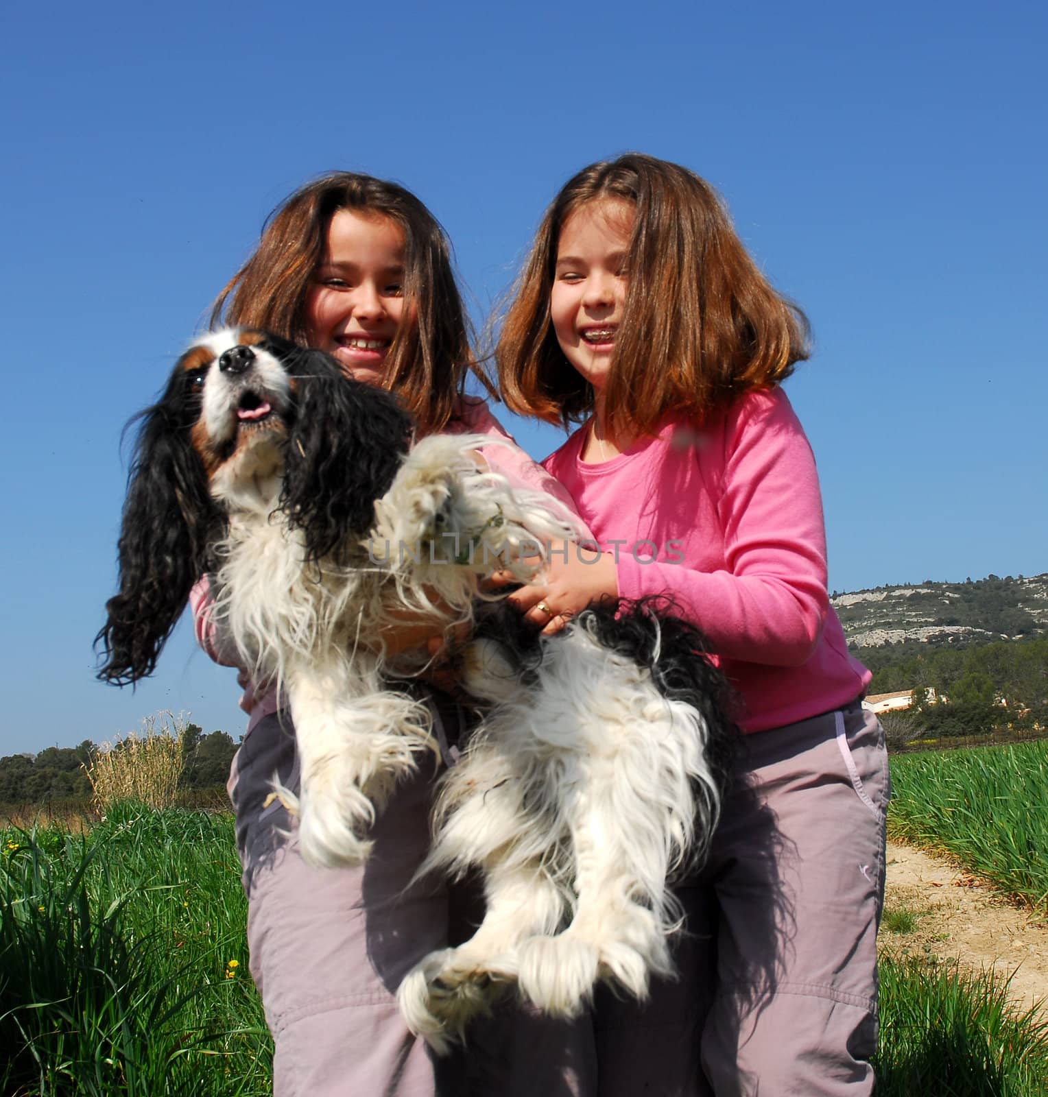 twins sister and little dog cavalier king charles