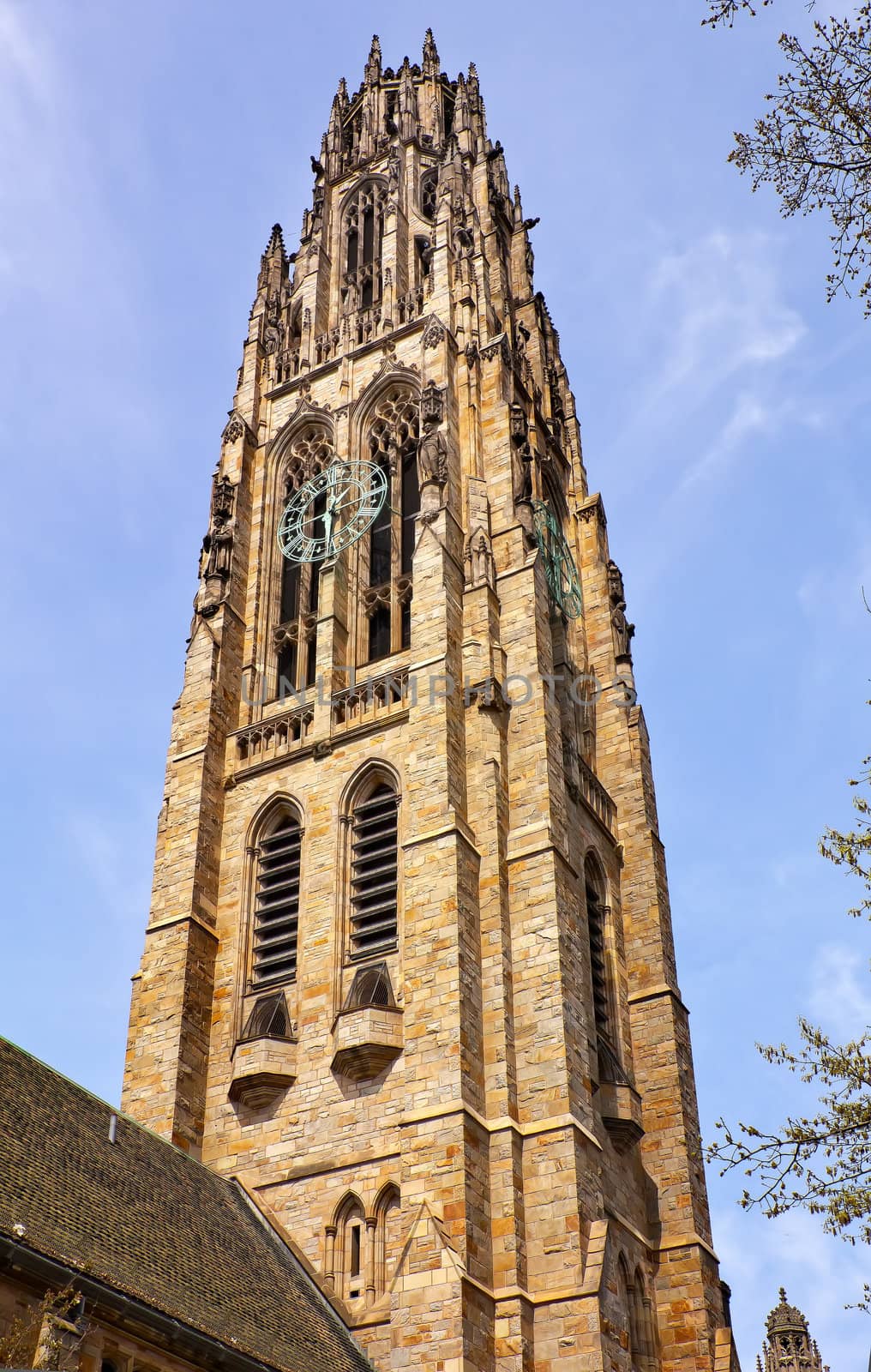 Harkness Tower Yale University Hewitt Quadrangle Greek Columns New Haven Connecticut.  Tower was built between 1917 and 1921.  216 feet for every year since the founding of Yale to construction.