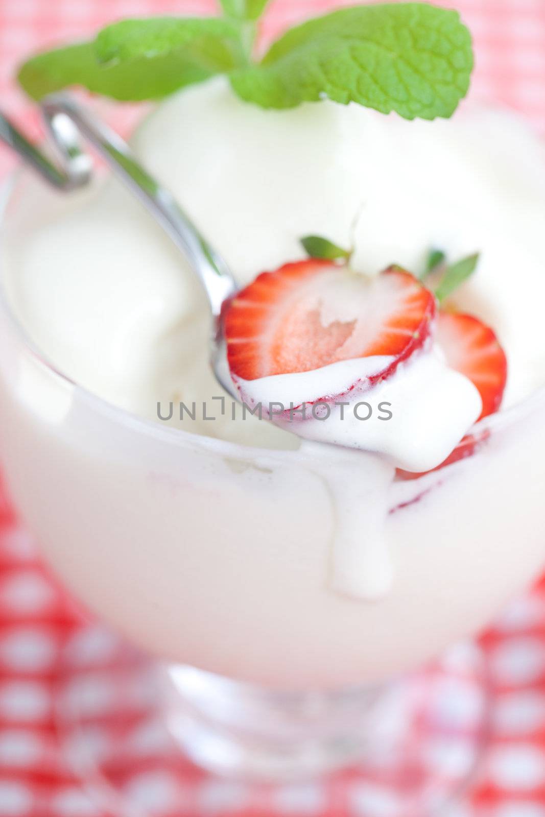 ice cream,strawberry with mint in a glass bowl on plaid fabric