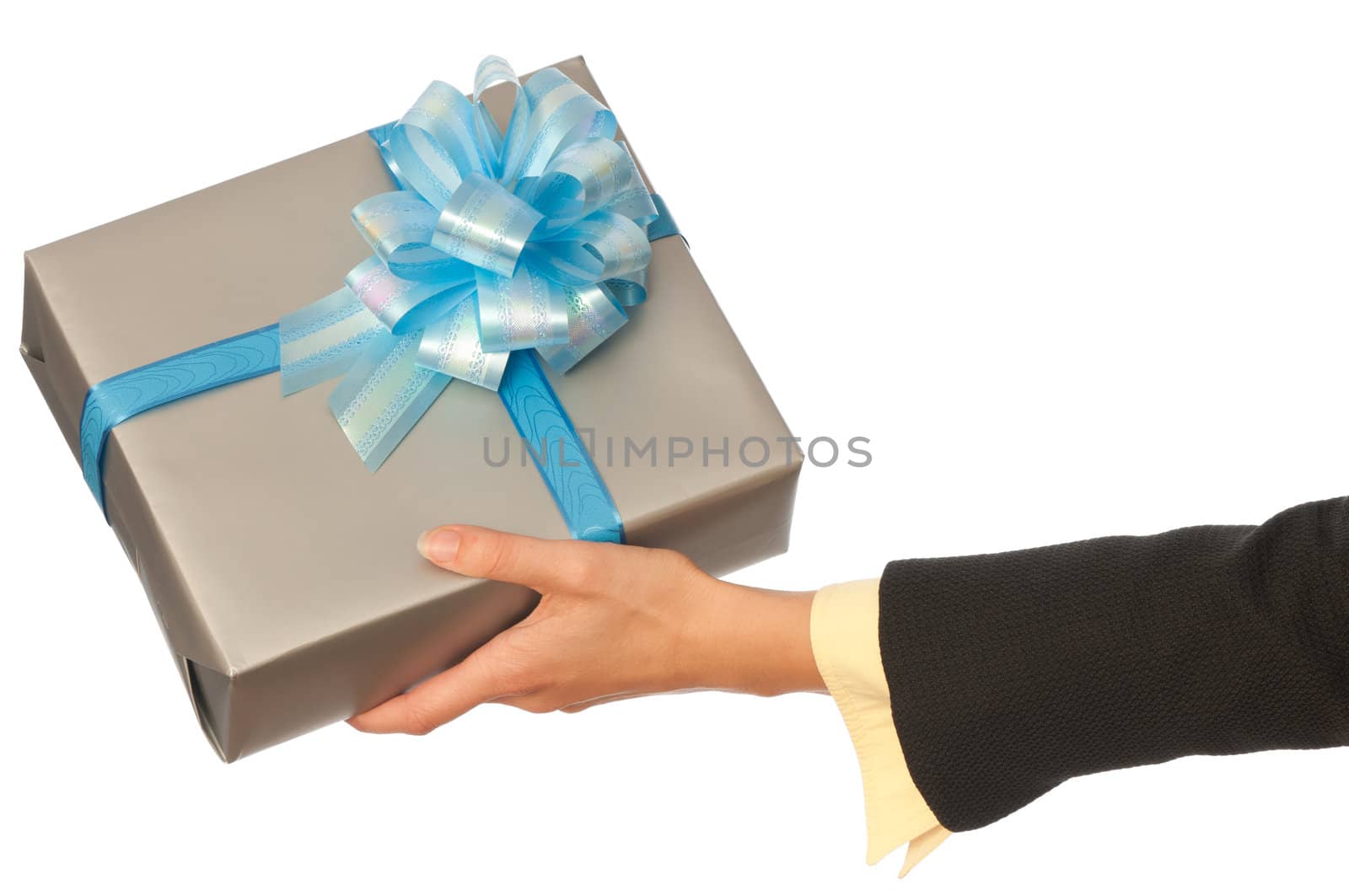 woman giving a silver box with blue bow as a gift