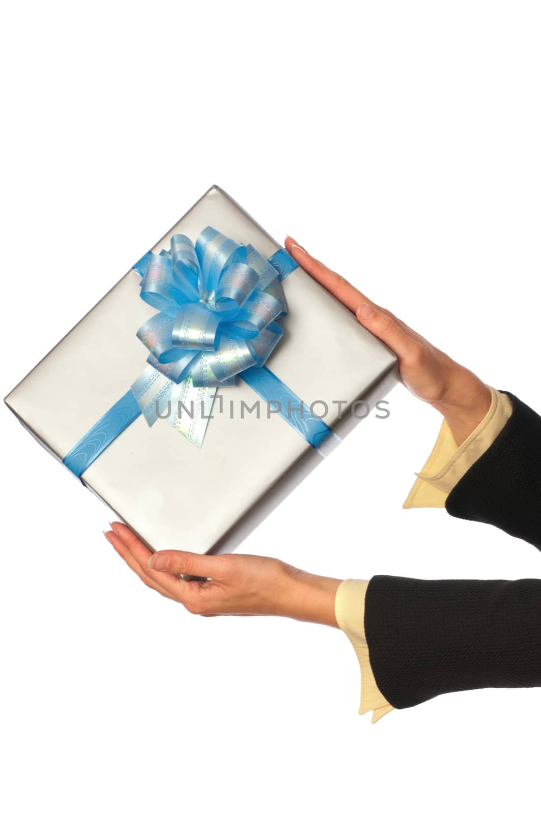 woman giving a silver box with blue bow as a gift