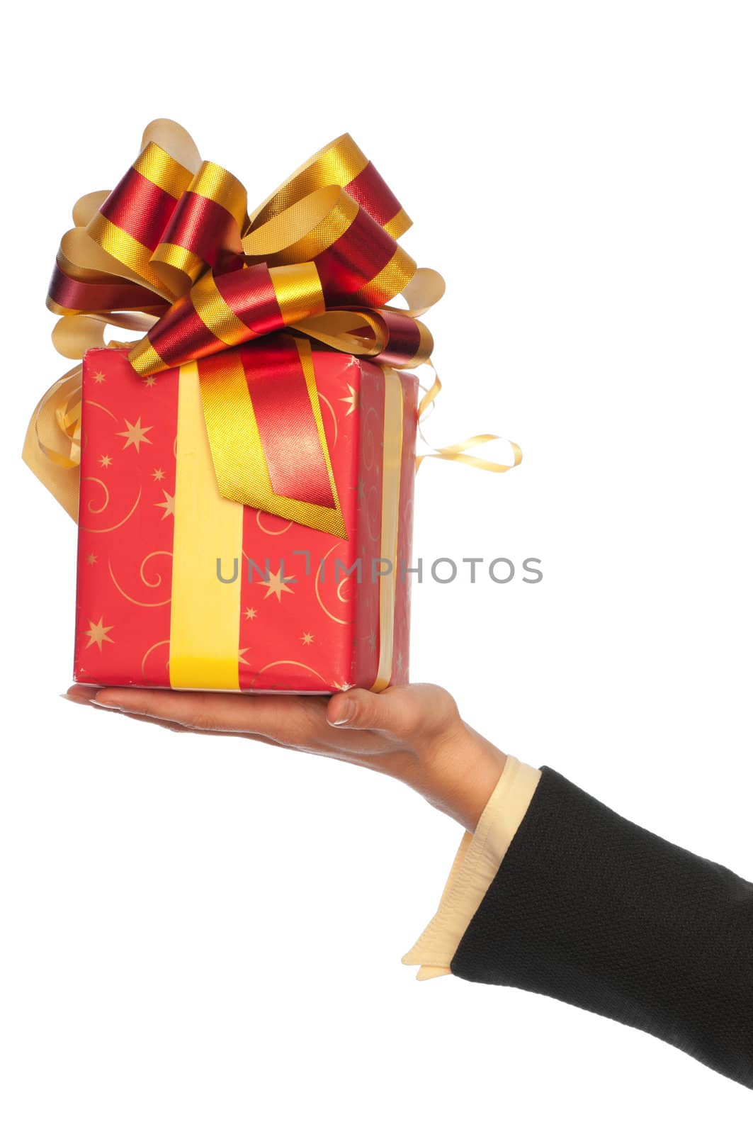 woman giving a red box with yellow bow as a gift