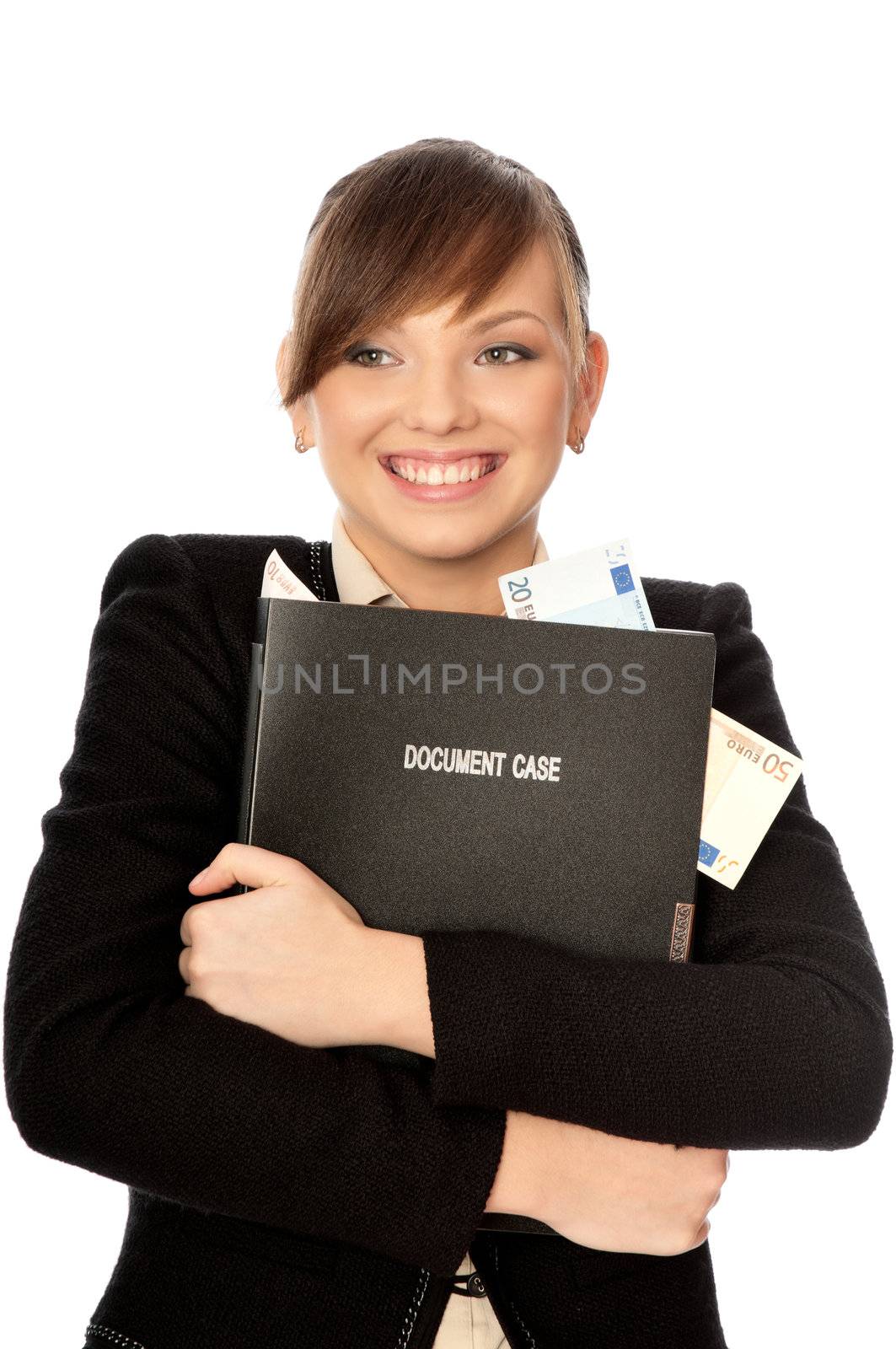 Business woman holding the document case with money in the hands as a symbol of wealth