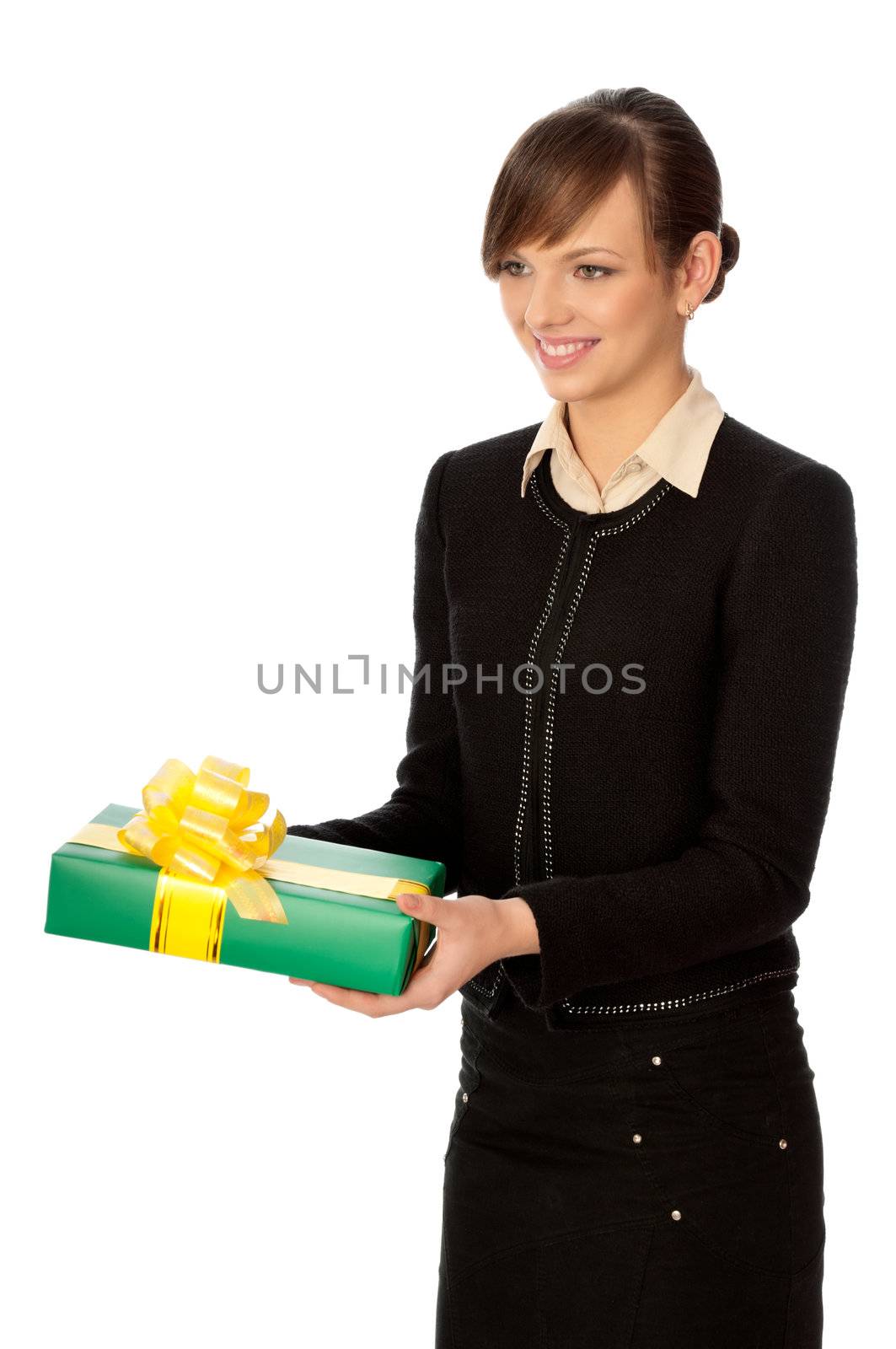 Woman holding a green box with yellow bow as a present