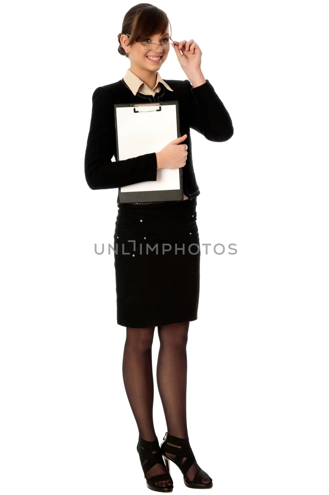 The manager with white blank paper in the hands making a presentation