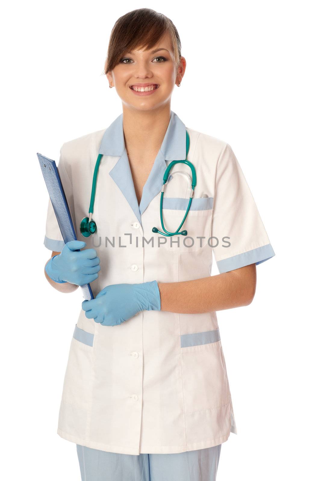 The doctor holding clipboard with blank paper in the hand