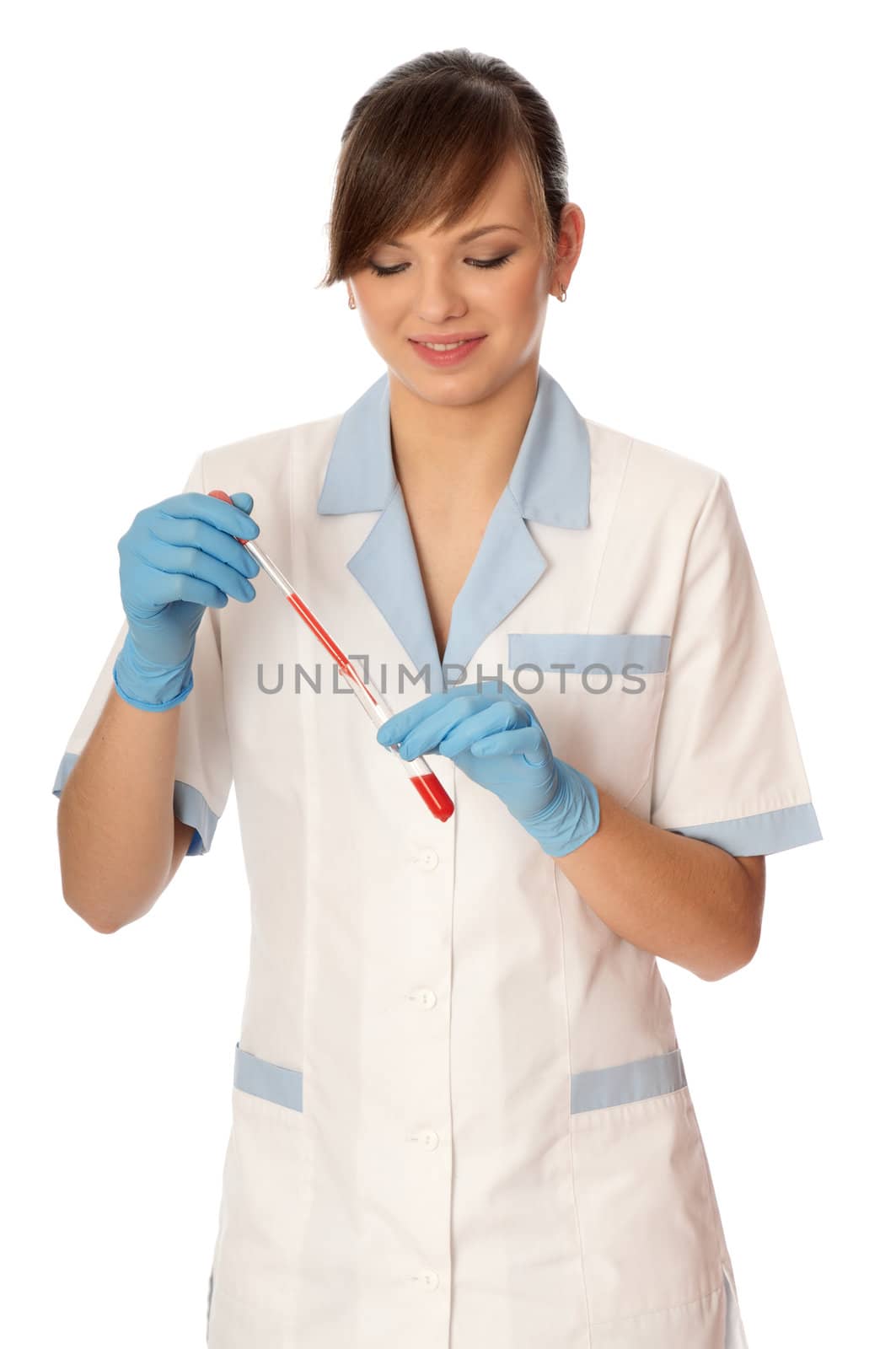 Doctor in blue gloves will be carry out research a samples of bloods at inhabitants of coast on availability of poisoning