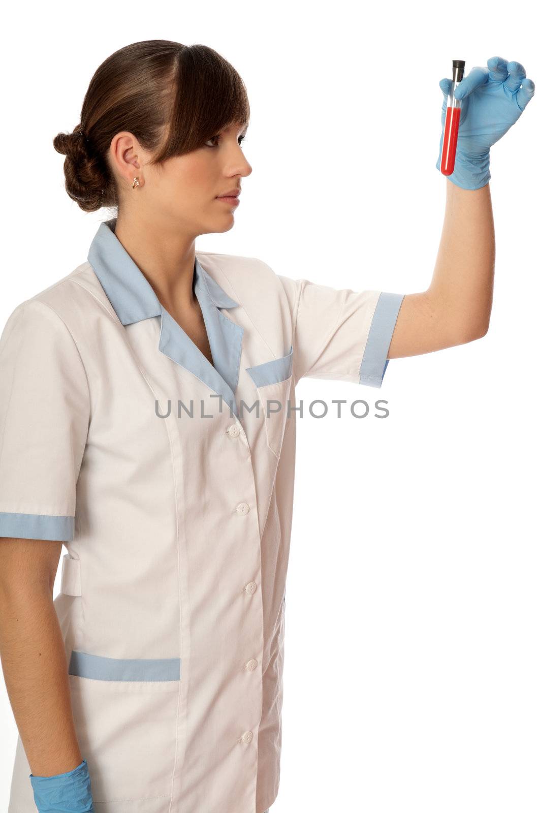Doctor in blue gloves will be carry out research a samples of bloods at inhabitants of coast on availability of poisoning