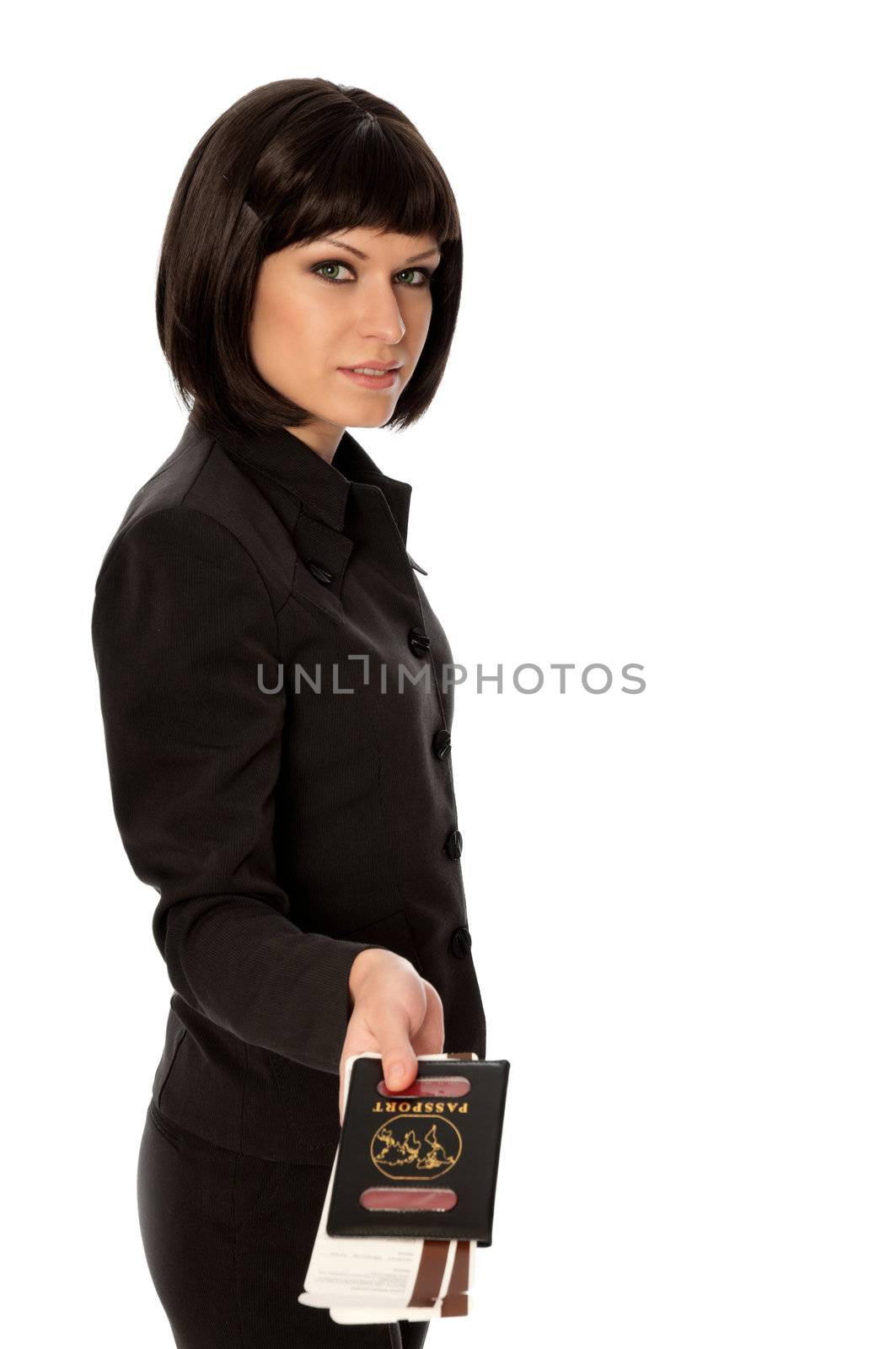 Woman holding in the hand passport for a business trip