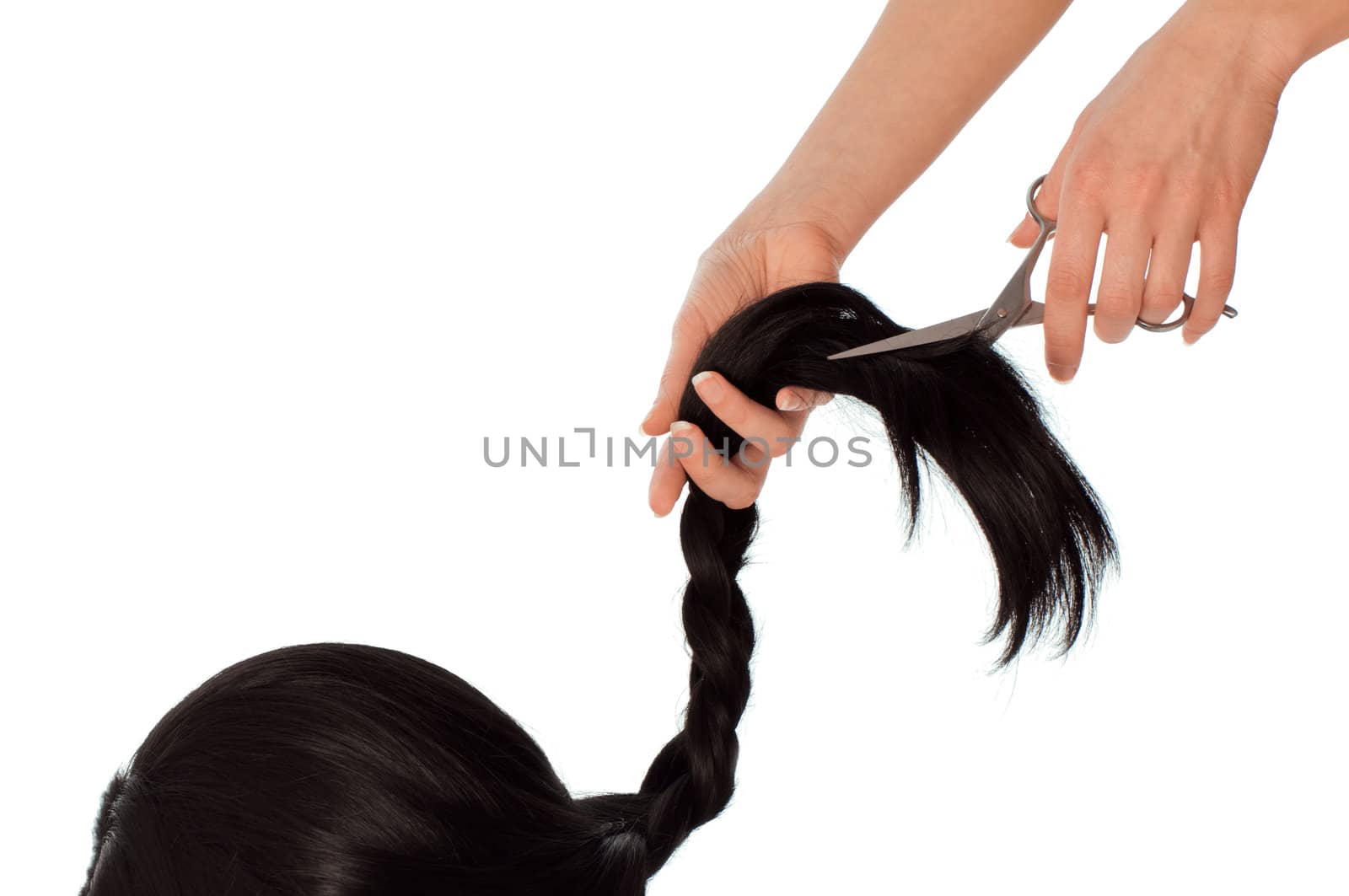 hairdresser cutting young woman with long black hair