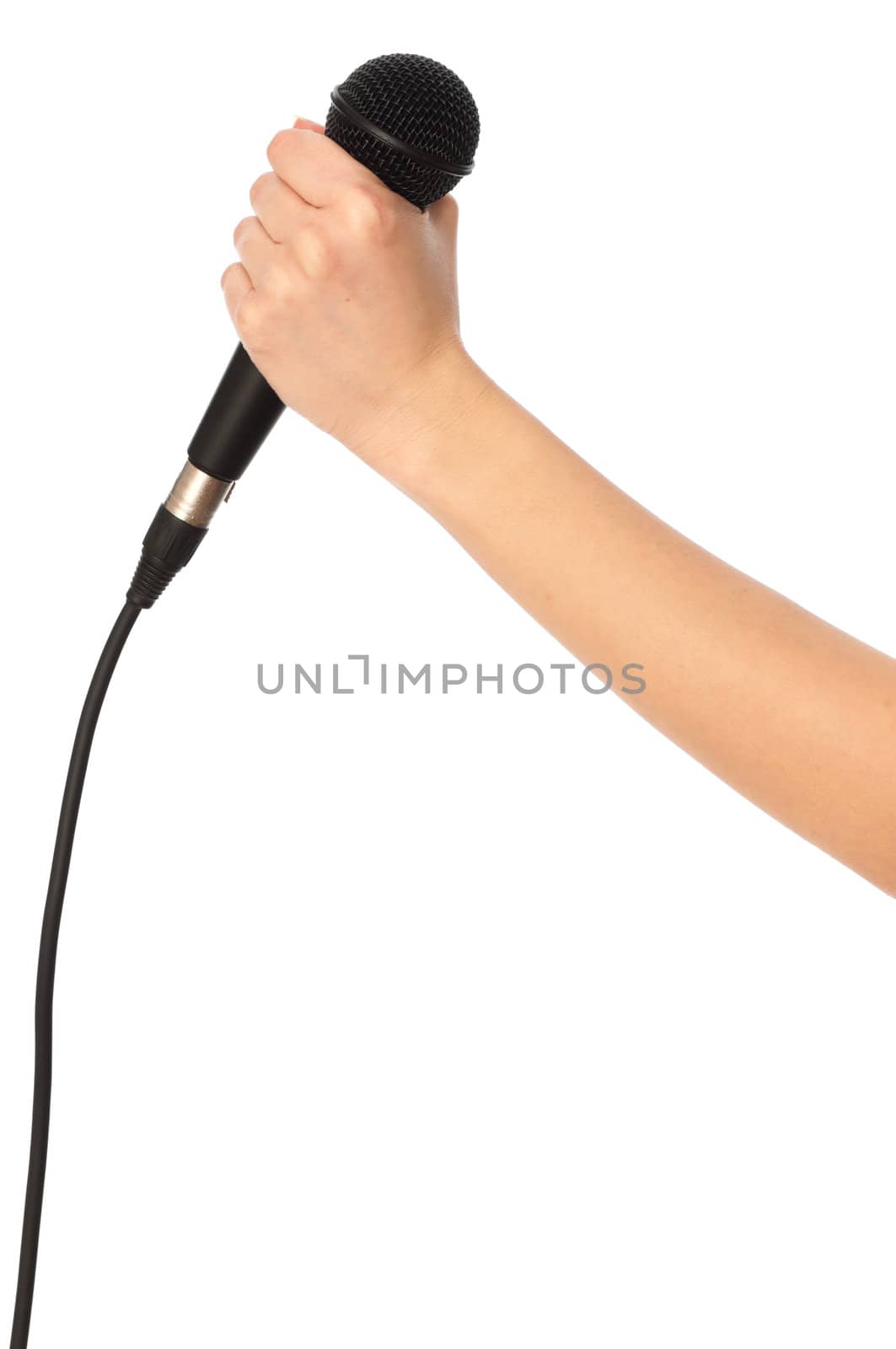 woman holding big black microphone for singing