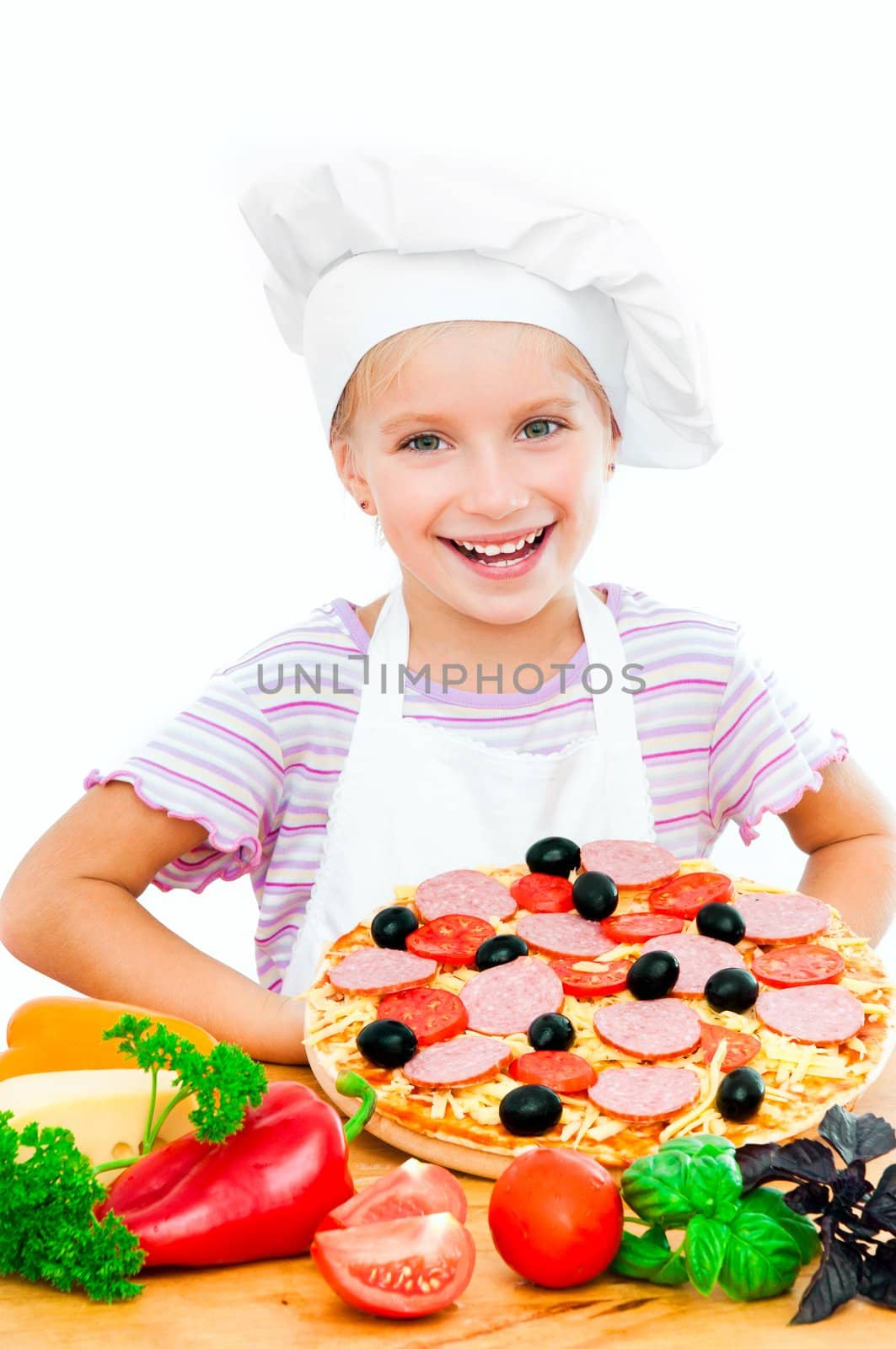 Young girl shows a pizza on a white background