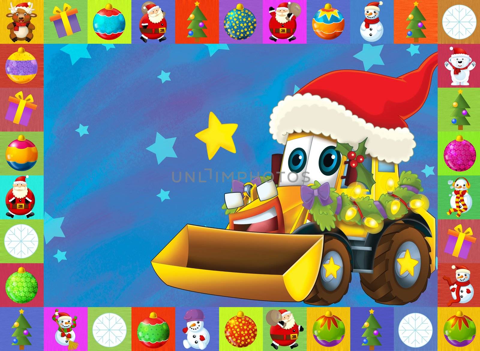 Beautiful christmas illustration with two important subject for the children - cars and christmas