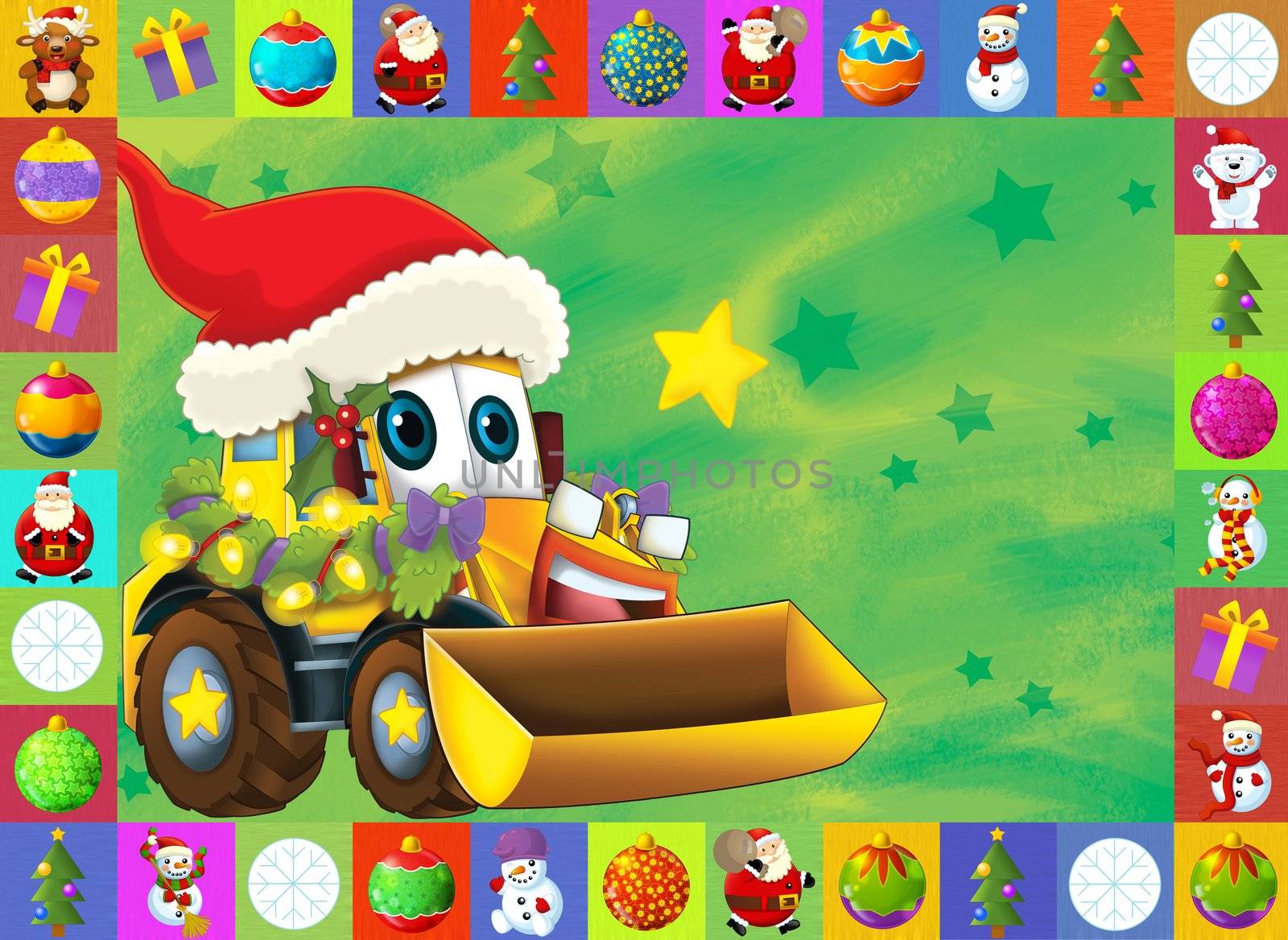 Beautiful christmas illustration with two important subject for the children - cars and christmas