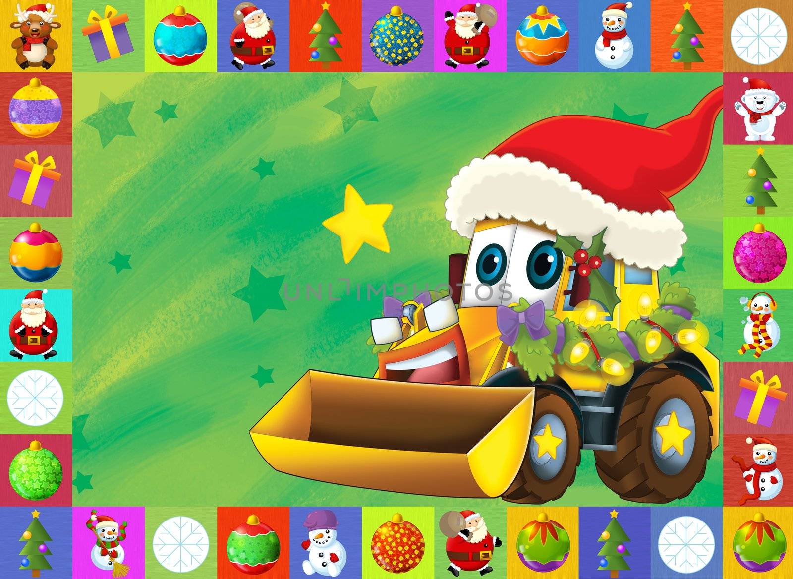 Beautiful christmas illustration with two important subject for the children - cars and christmas