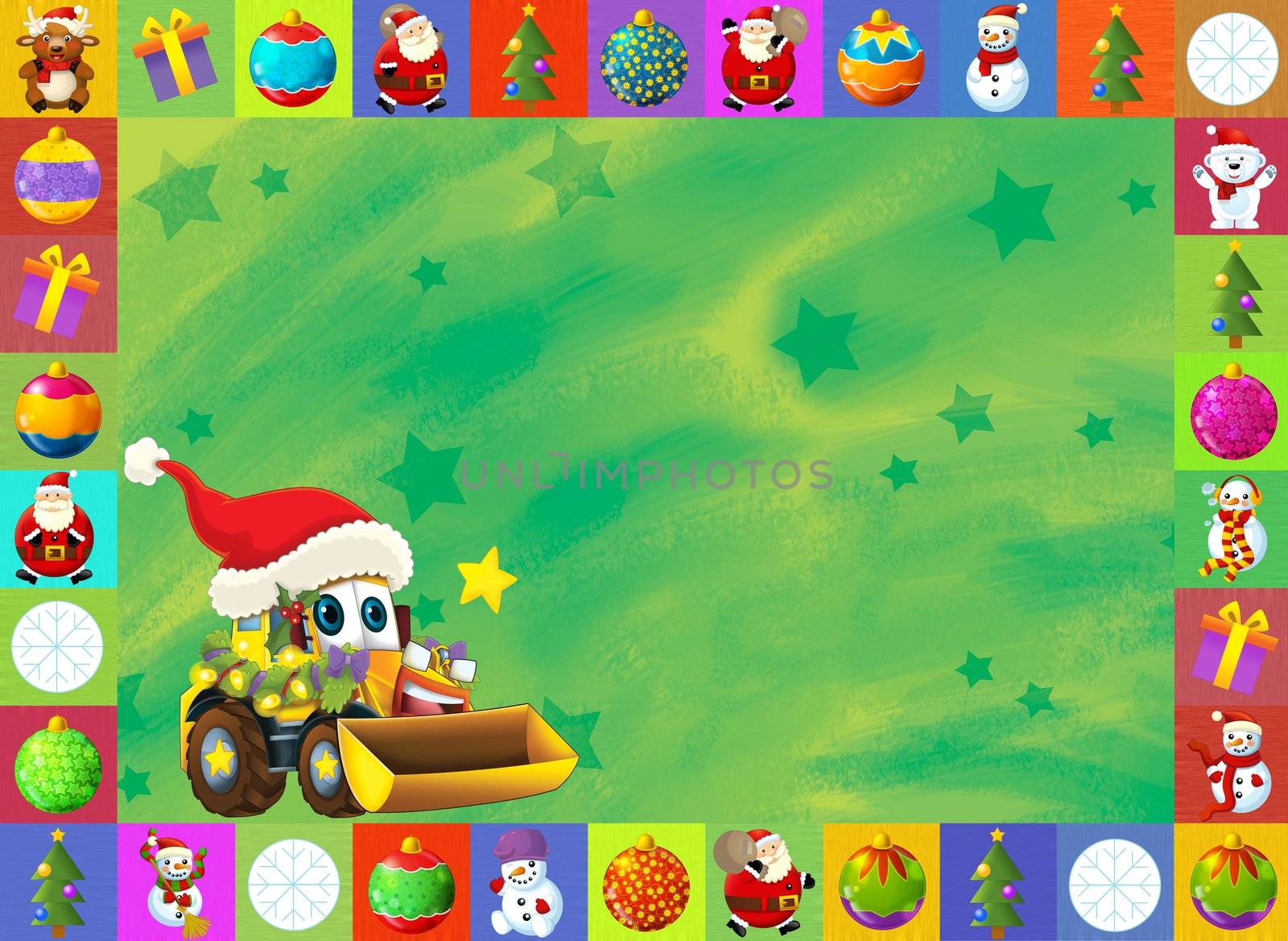 Beautiful christmas illustration with two important subject for the children - cars and christmas