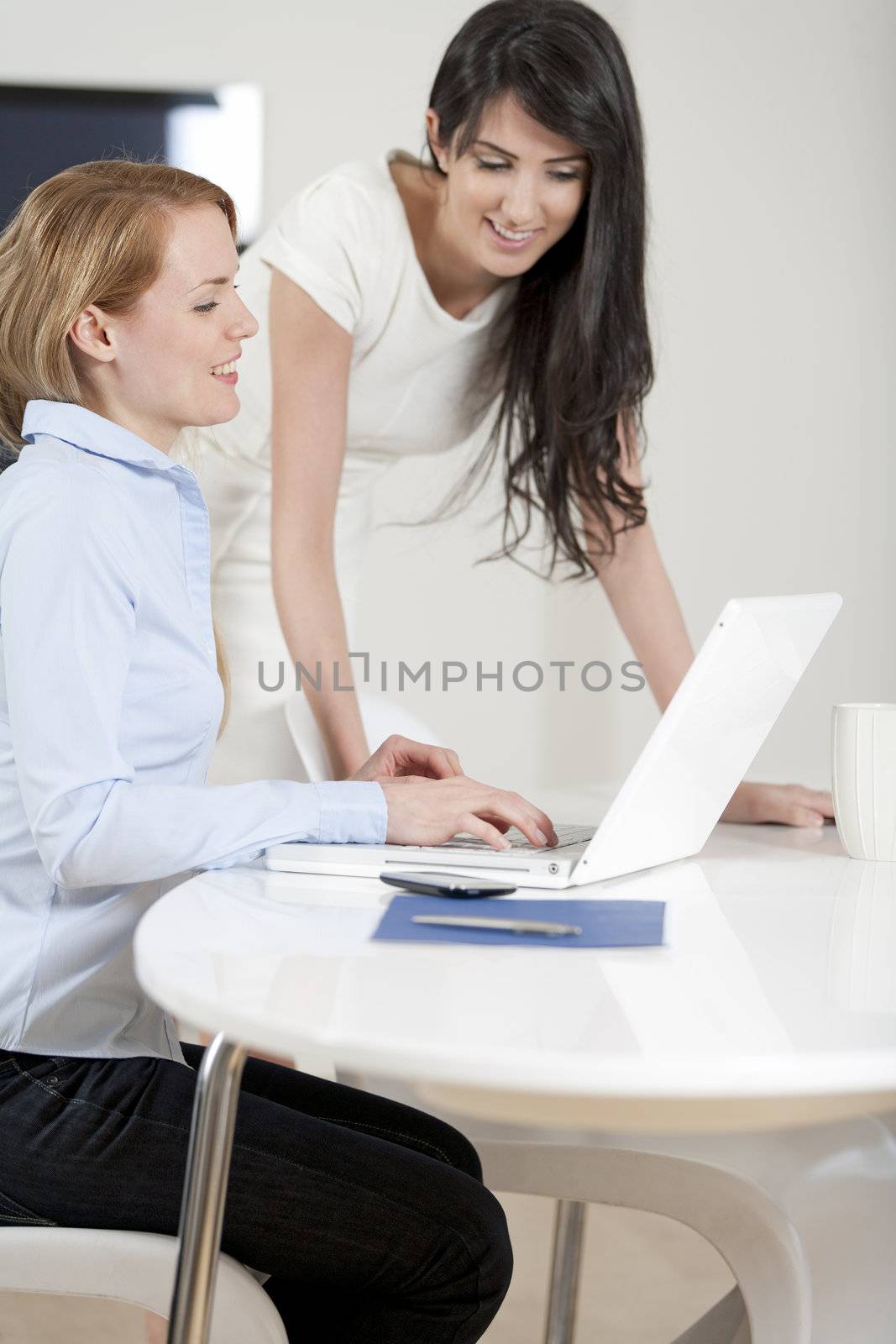 Two colleagues working in an office discussing business