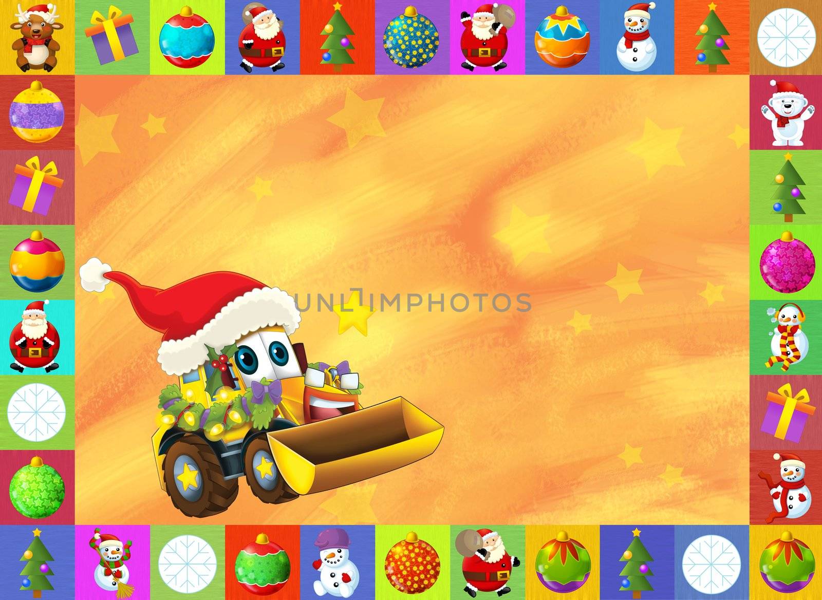 Beautiful christmas illustration with two important subject for the children - cars and christmas