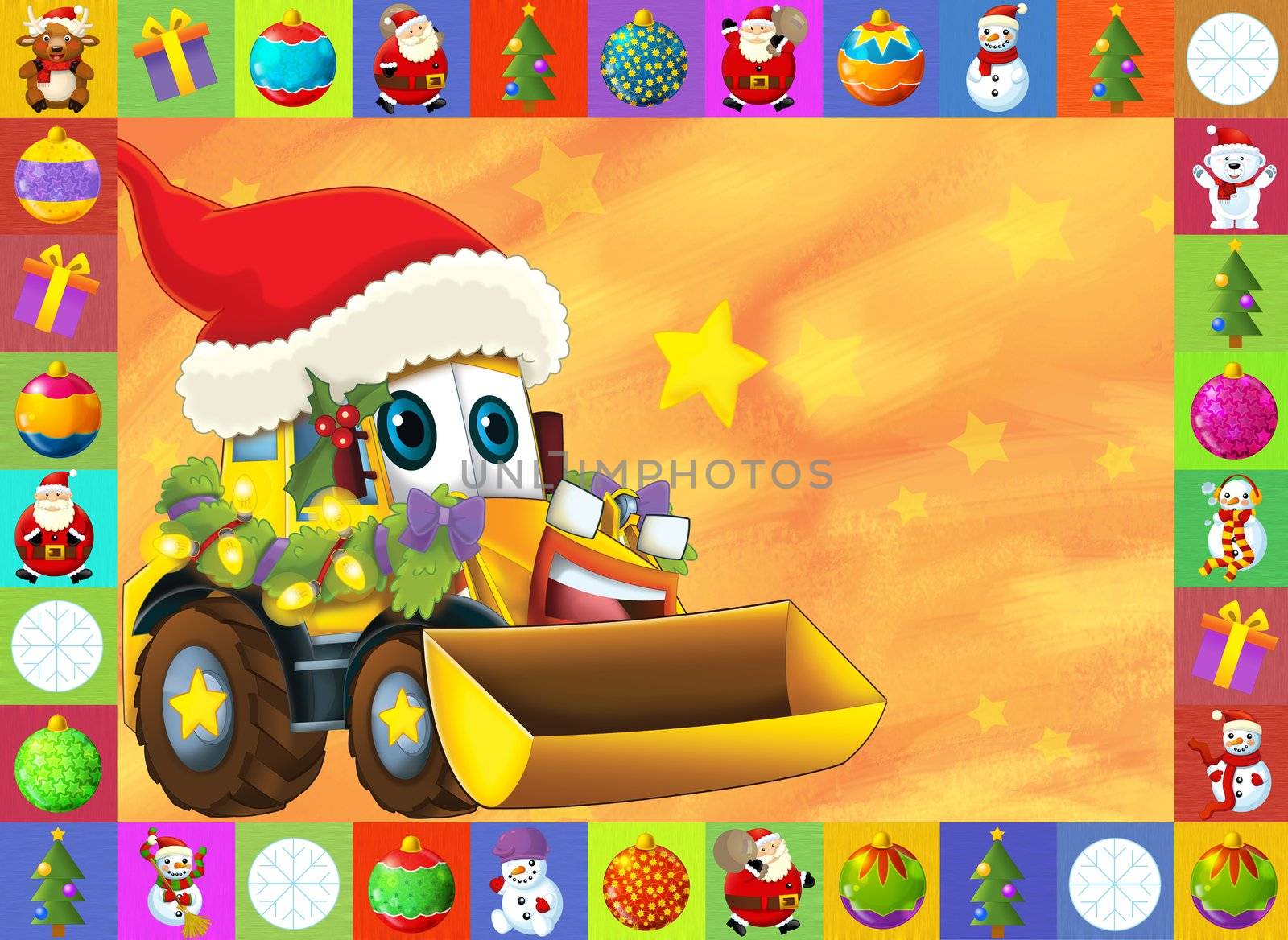 Beautiful christmas illustration with two important subject for the children - cars and christmas