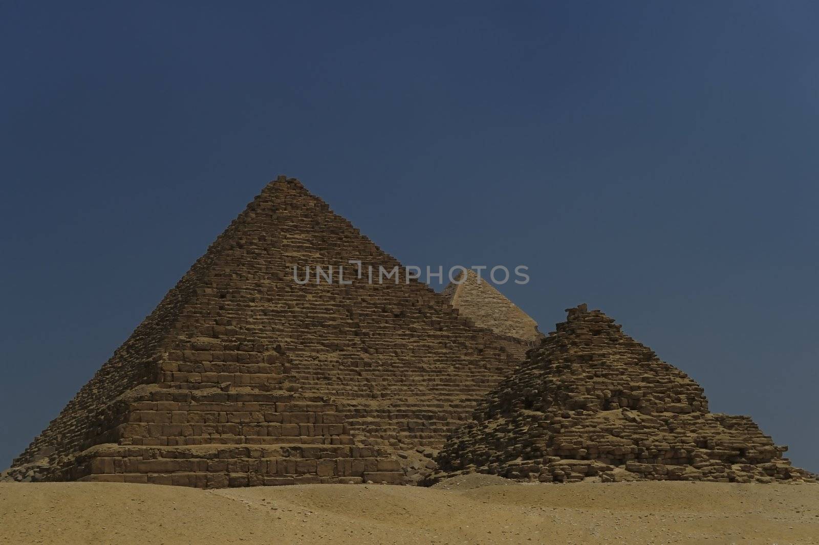 A row of camels transport tourists in front of all of the Giza Pyramids in Cairo, Egypt