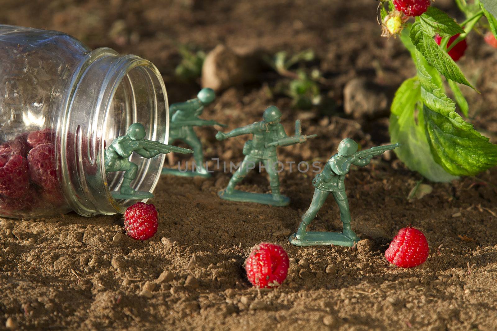four green toy soldier protecting a jar of raspberry