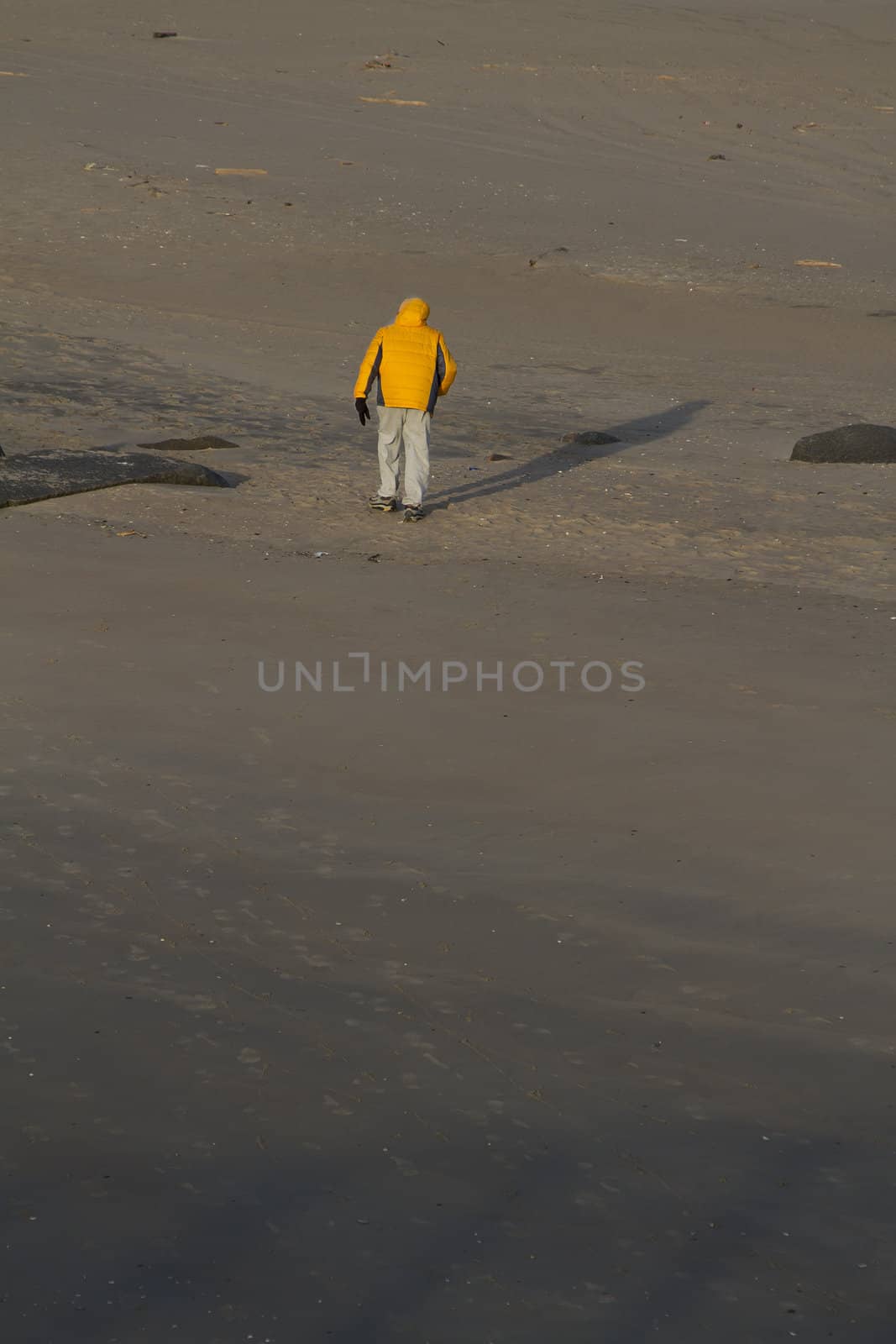 Person walking on a beach wearing a yellow winter coat