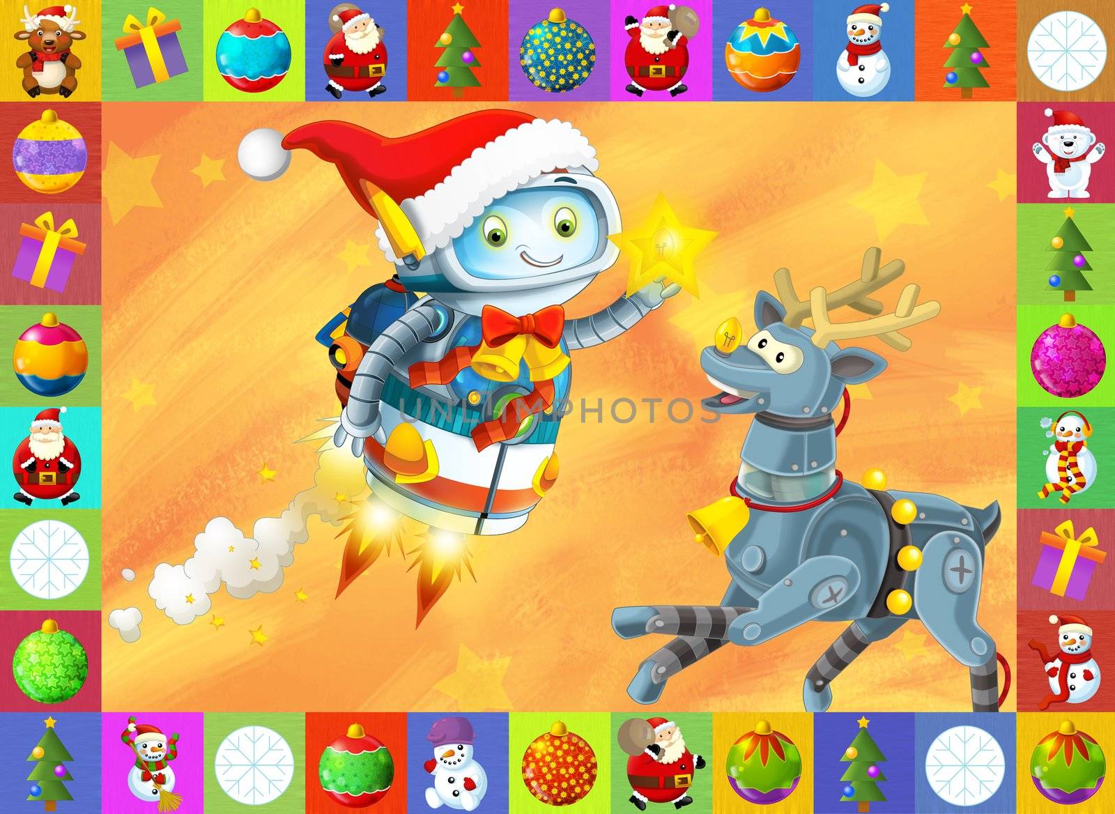 Beautiful christmas illustration with two atractive subject for the children - robots and christmas