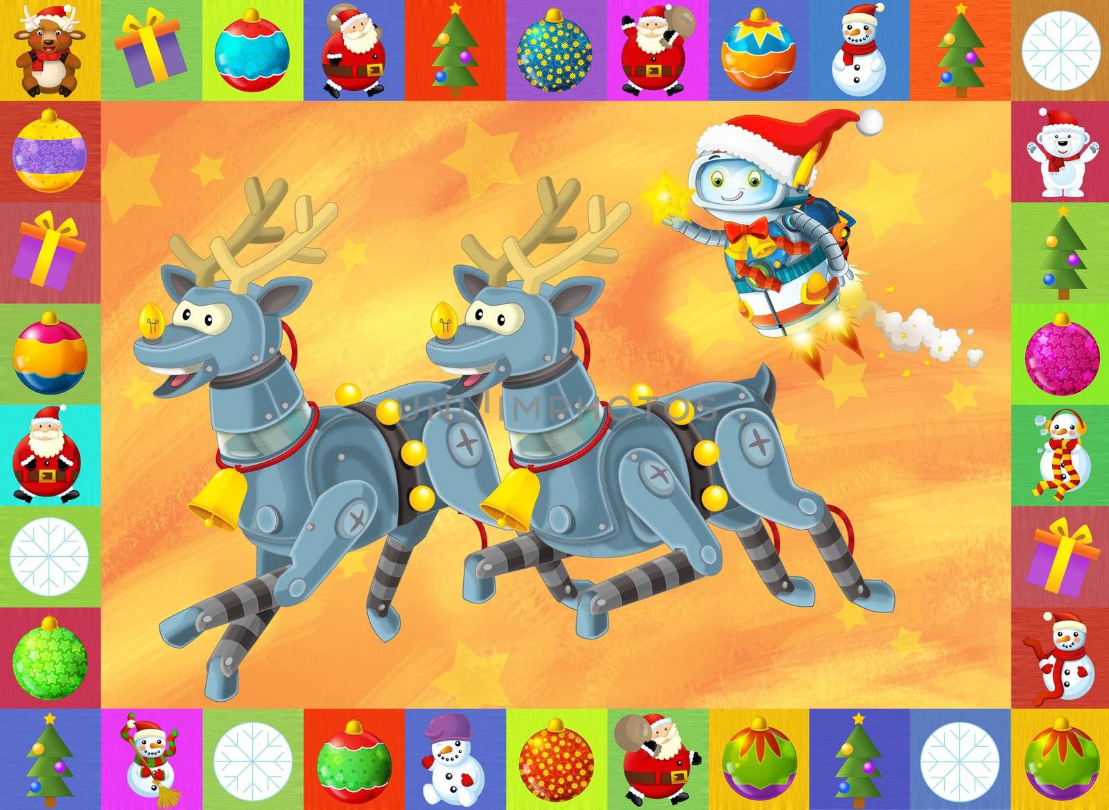 Beautiful christmas illustration with two atractive subject for the children - robots and christmas