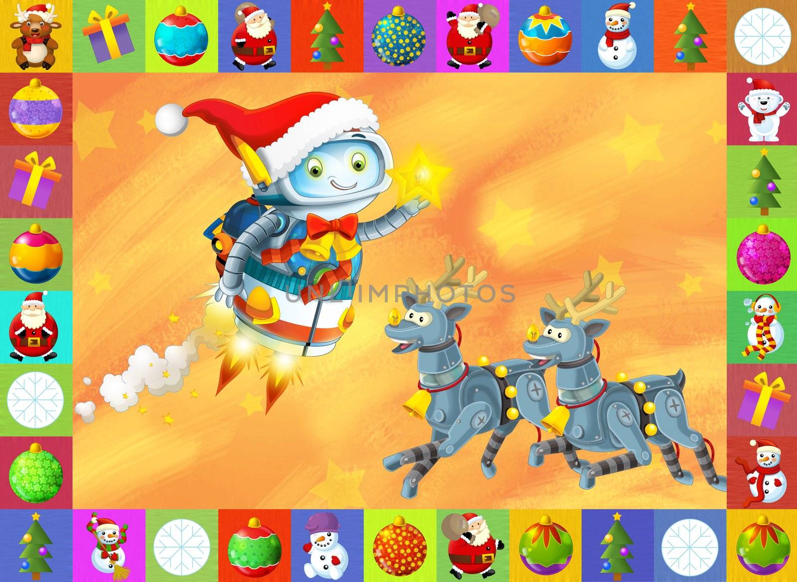 Beautiful christmas illustration with two atractive subject for the children - robots and christmas