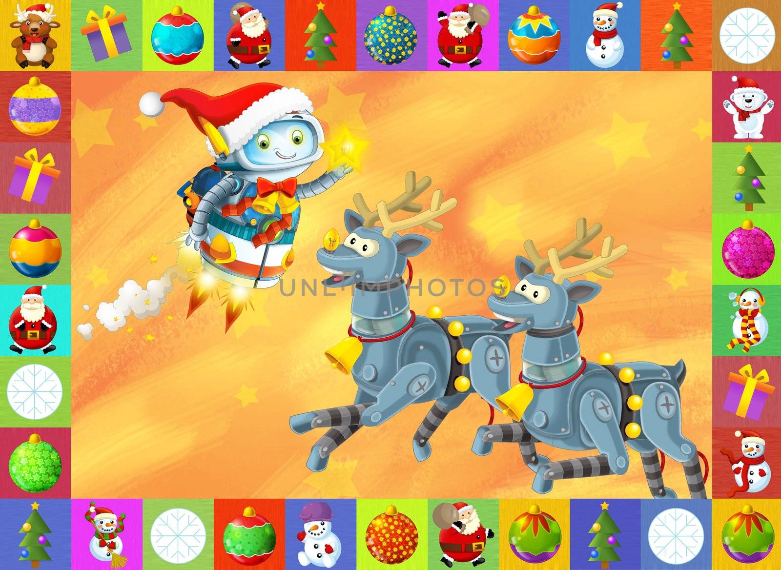 Beautiful christmas illustration with two atractive subject for the children - robots and christmas