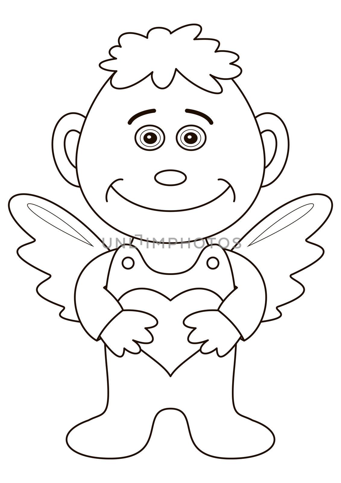Cartoon boy angel with holiday valentine heart, black contour on white background