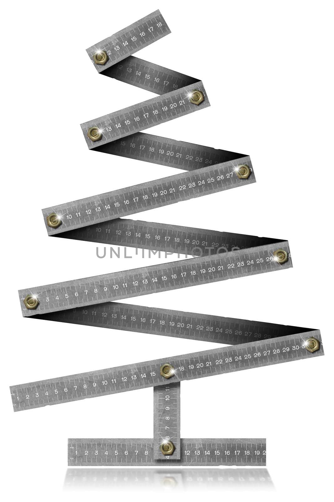 Metallic Christmas tree with bolts heads on withe background

