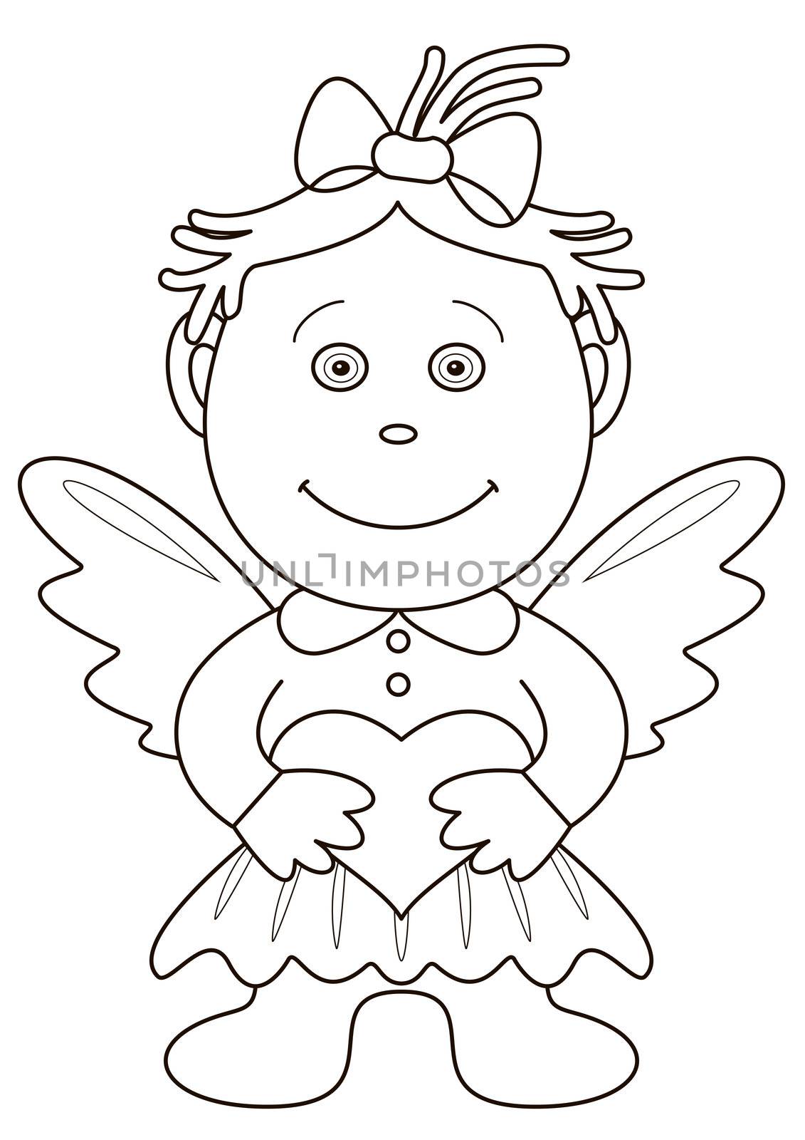 Cartoon girl angel with holiday valentine heart, black contour on white background