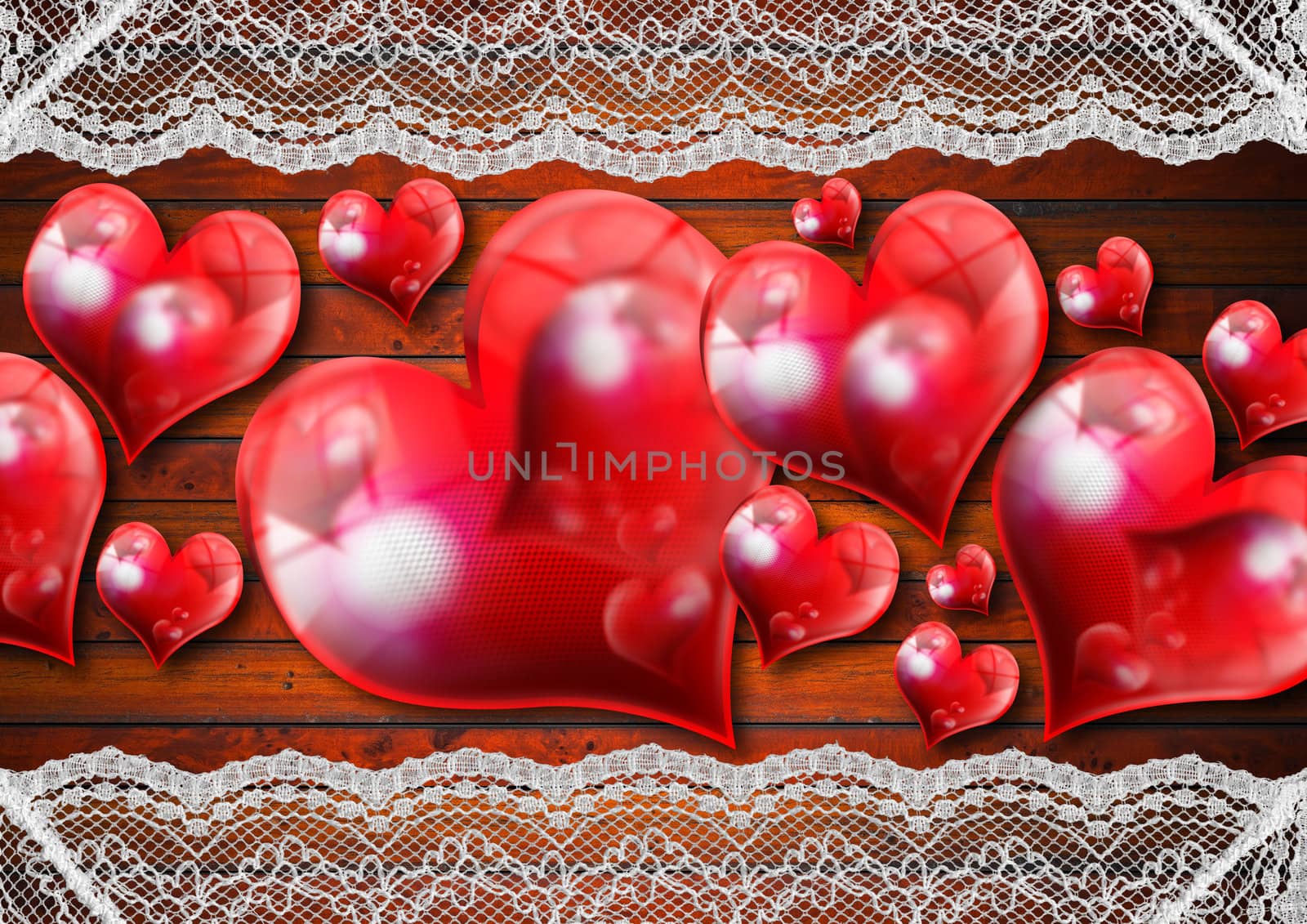 Romantic vintage background with red hearts and handmade lace

