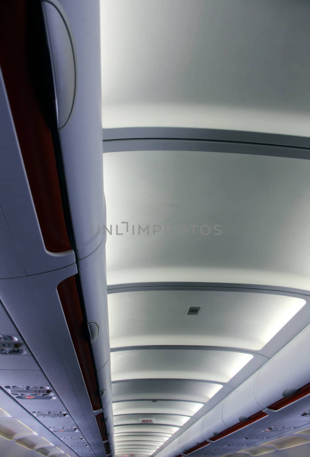 the modern ceiling in the aeroplane with lights