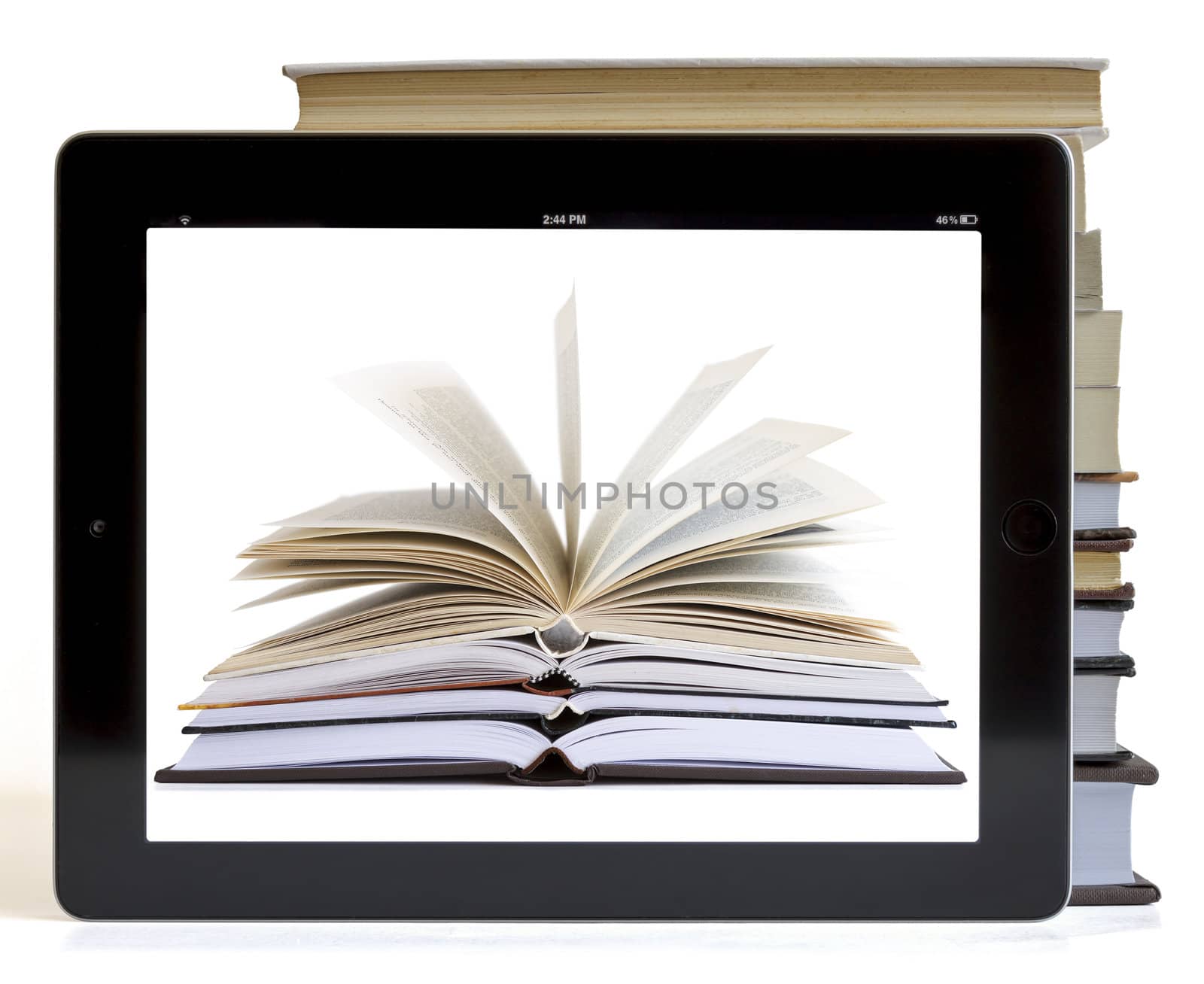 Books and iPad like tablet computer isolated on white, digital library concept, 