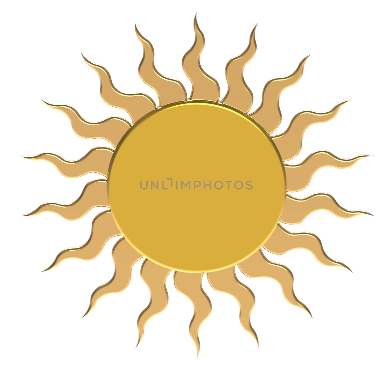 Gold sun, isolated on white, 3d render