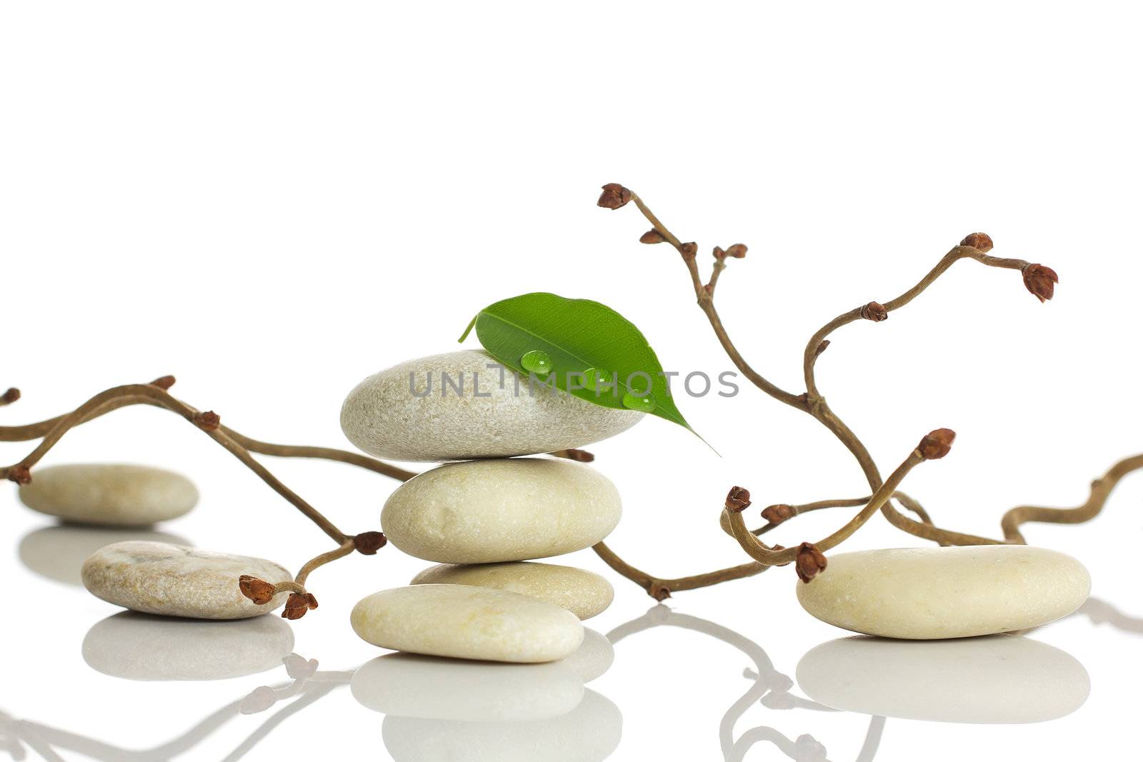 Spa stones and green leaf, isolated on white background.