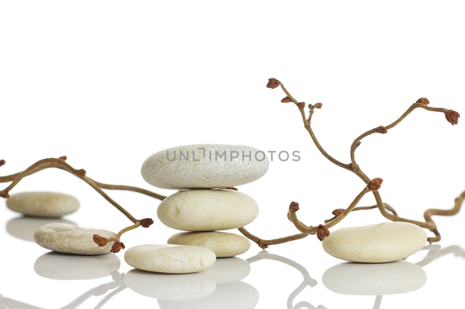 Spa stones and dry hazel branches, isolated on white background.