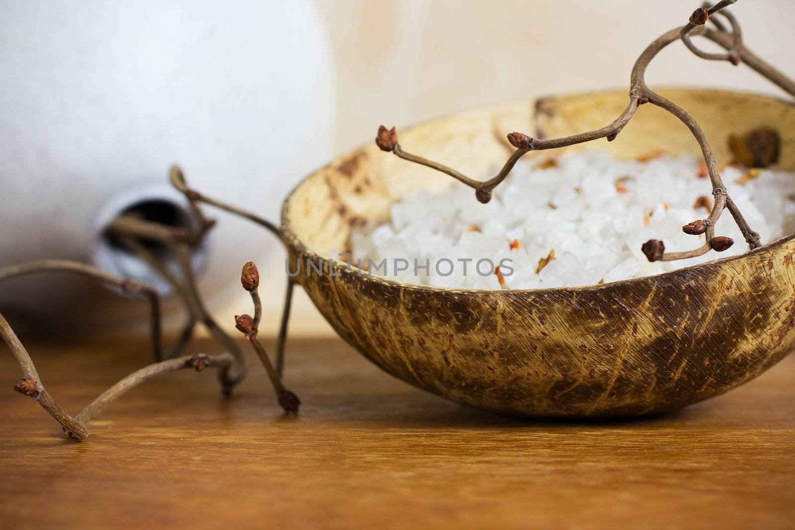 Spa stones, sea salt and dry hazel branches.